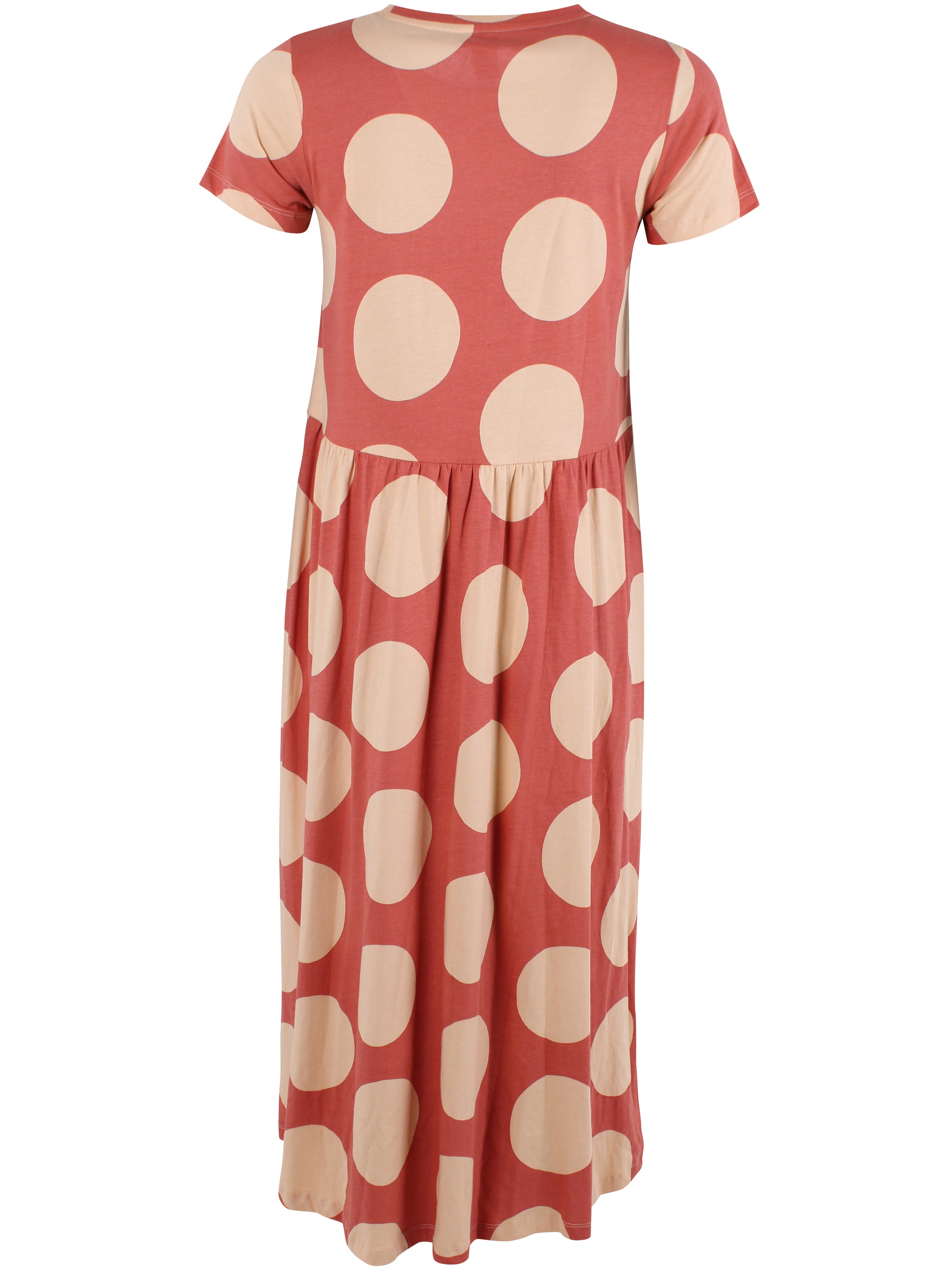Fin kjole med korte ærmer, skørt med vidde og print af store prikker til kvinder