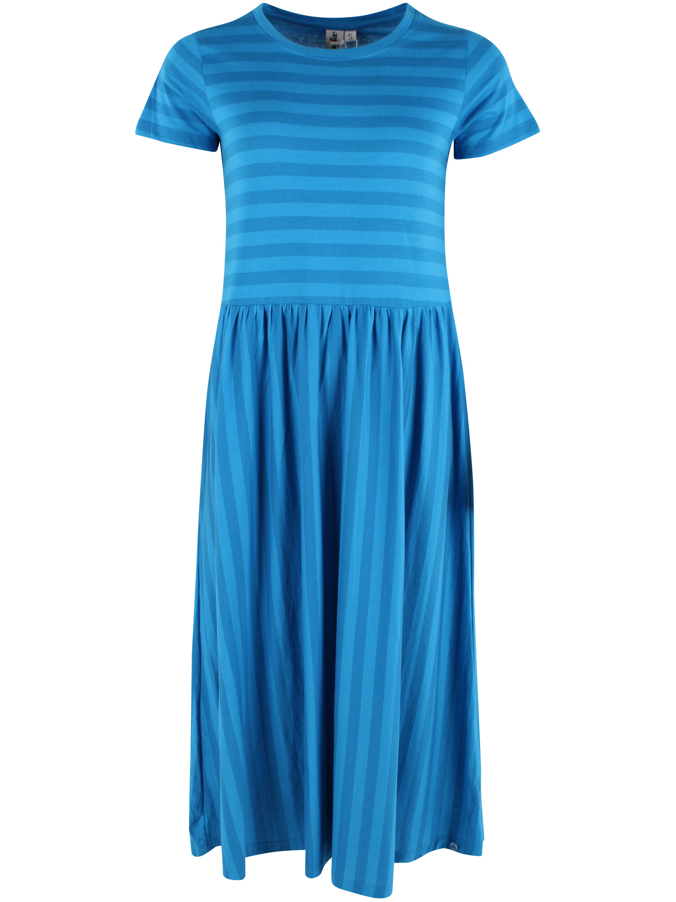 Fin kjole med striber, korte ærmer og skørt med vidde til kvinder