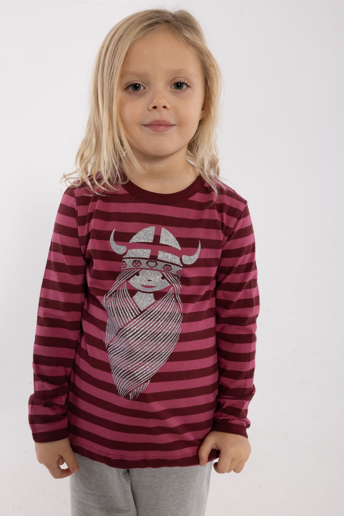 Langærmet stribet bluse i bomuld til børn med glitterprint af vikingen Freja