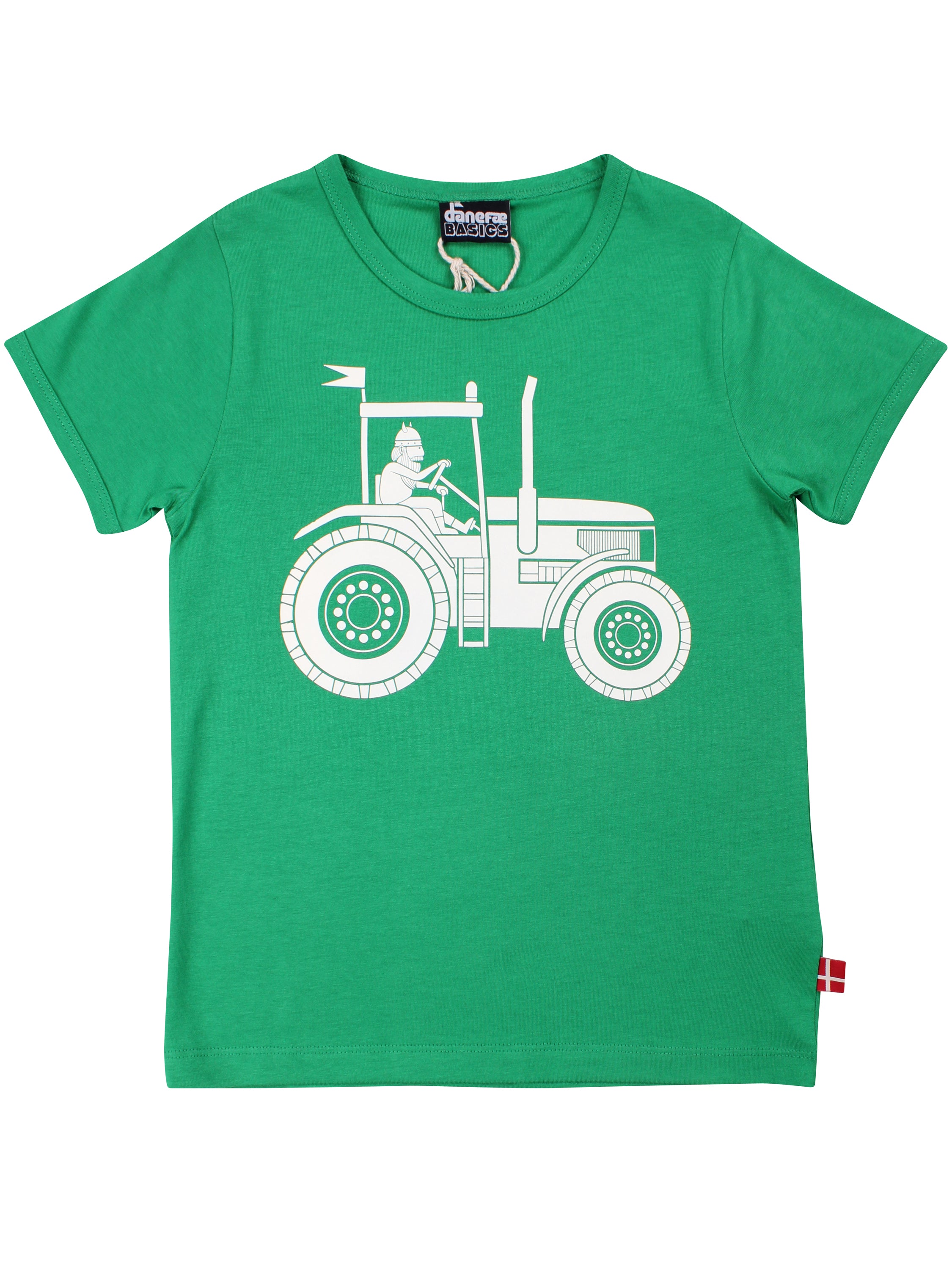 Sød græsgrøn t-shirt i bomuld til børn med print af viking på traktor