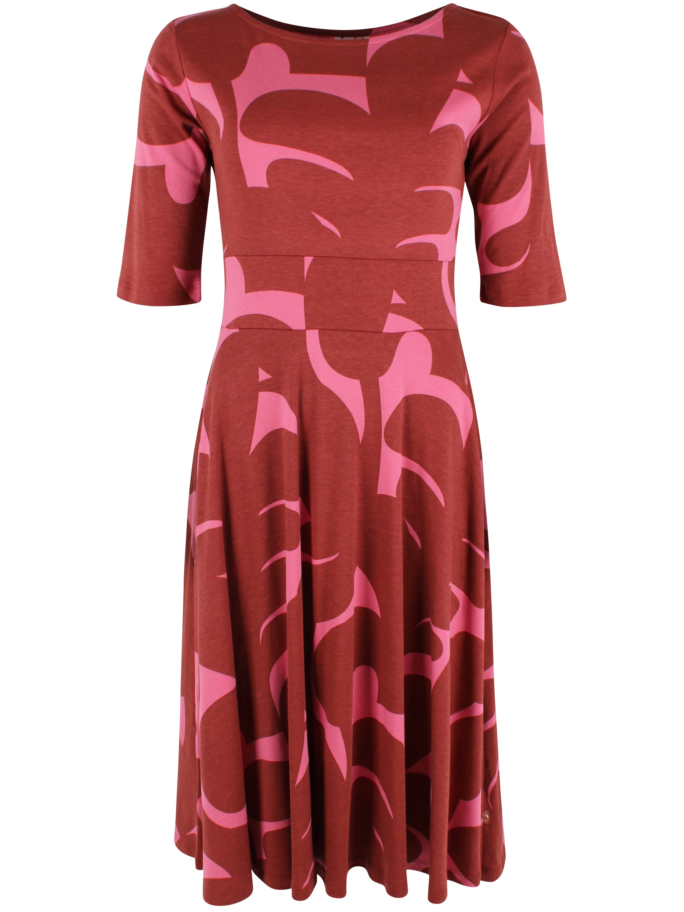Sød kjole med abstrakt mønster i brændt rød og pink til kvinder