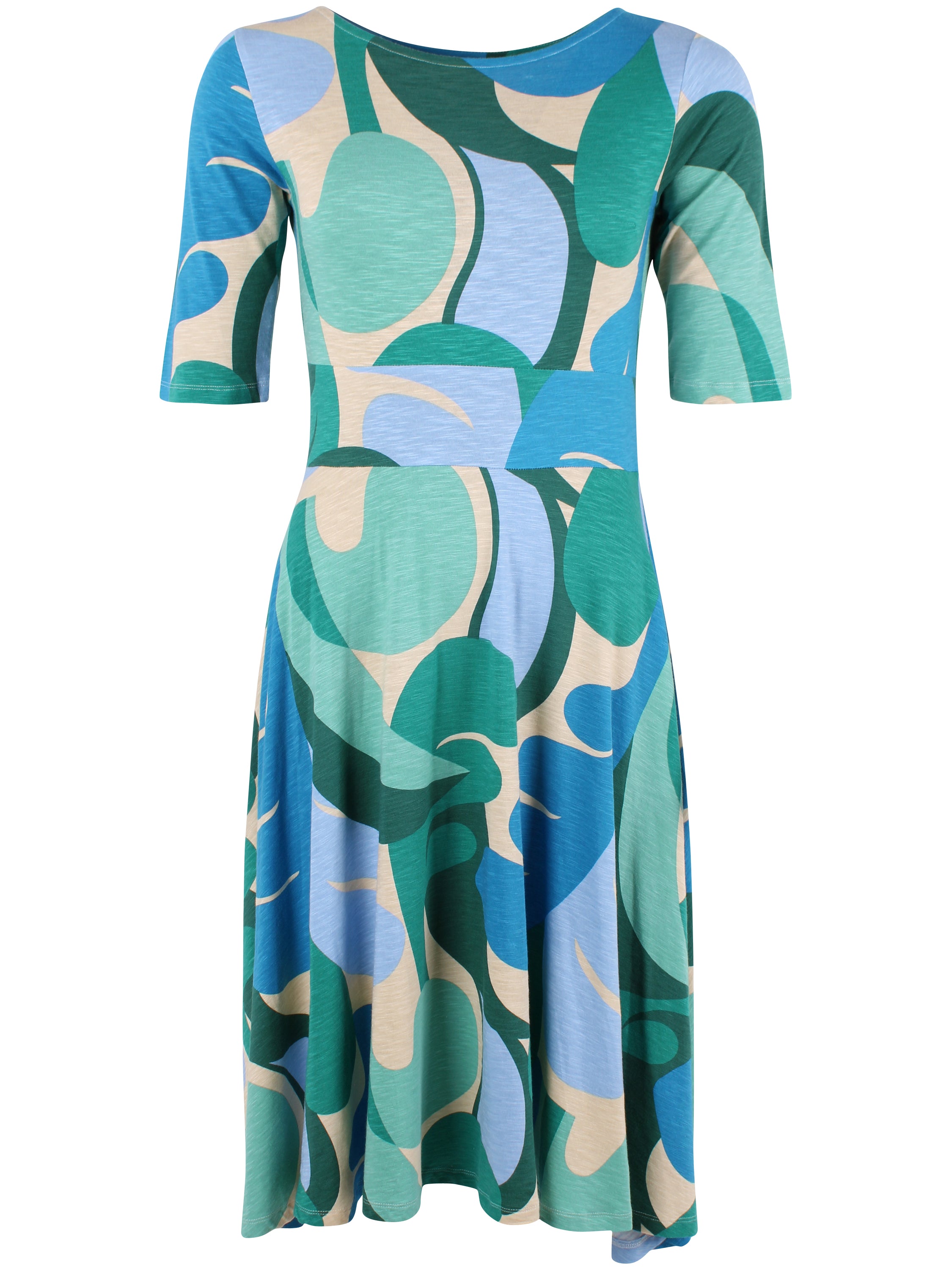 Fin kjole med mønster i beige, blå og grønne nuancer til kvinder
