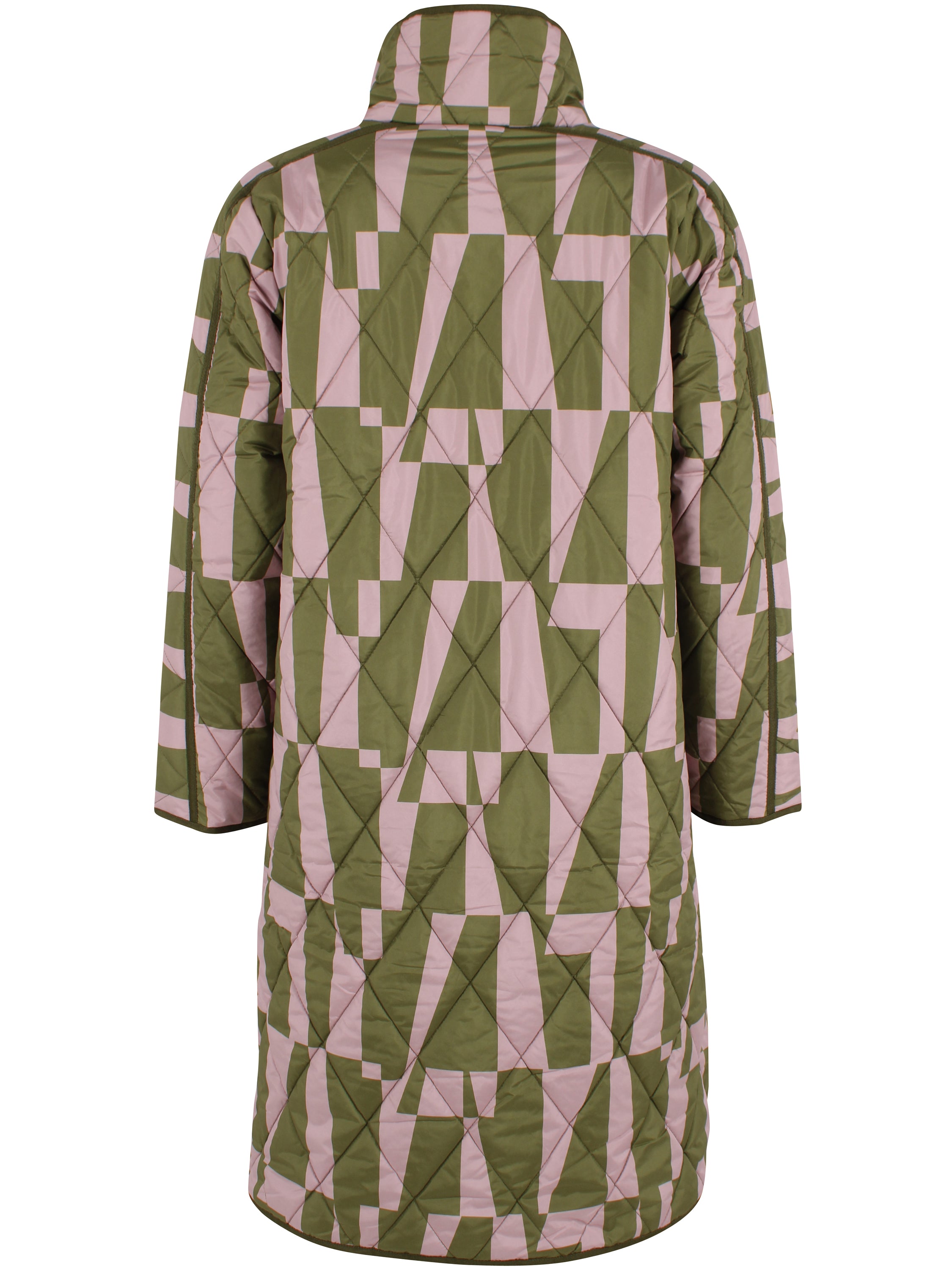 Lang quiltet termojakke i rosa og olivengrønt mønster til kvinder