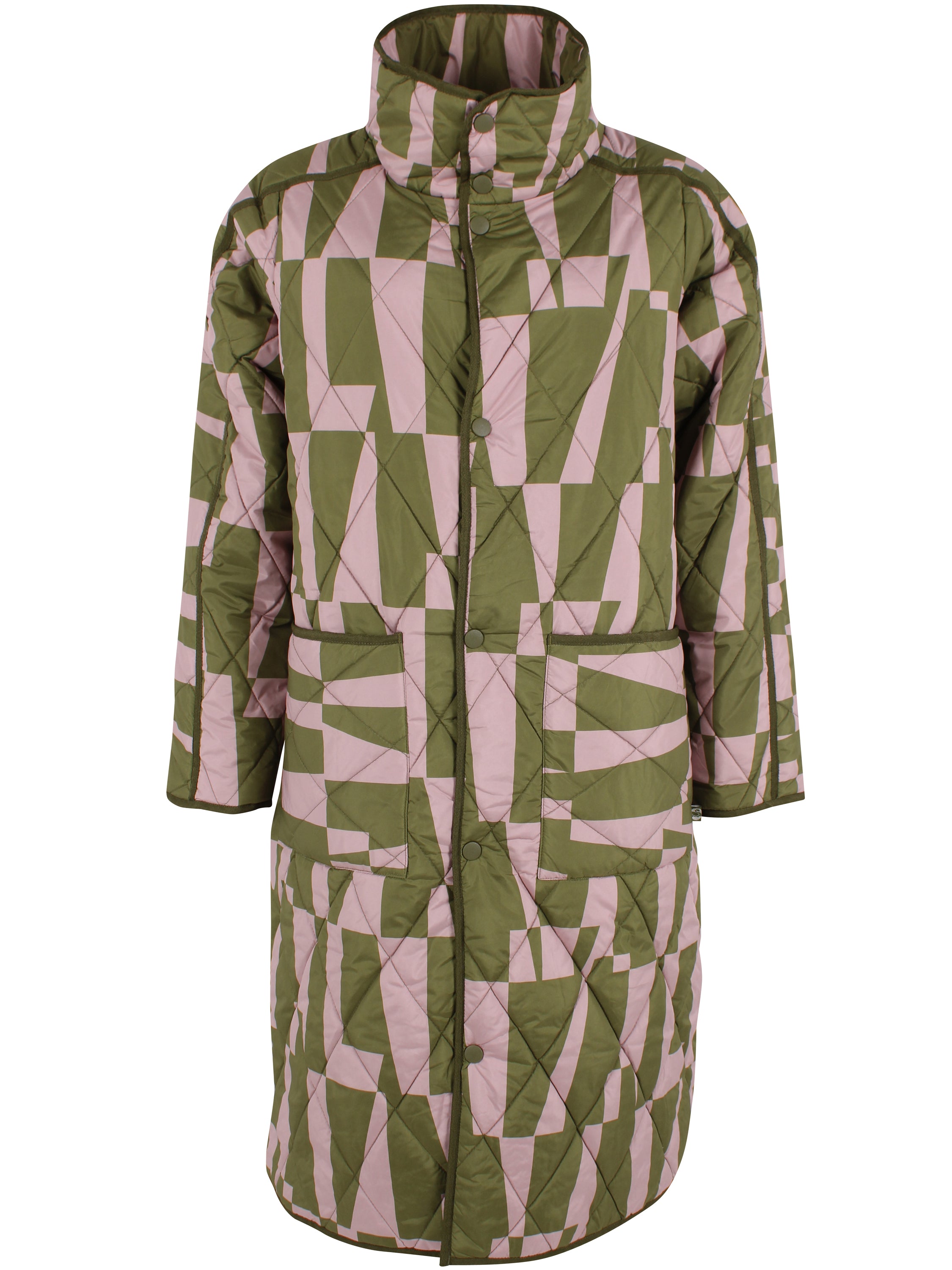 Lang quiltet termojakke i rosa og olivengrønt mønster til kvinder