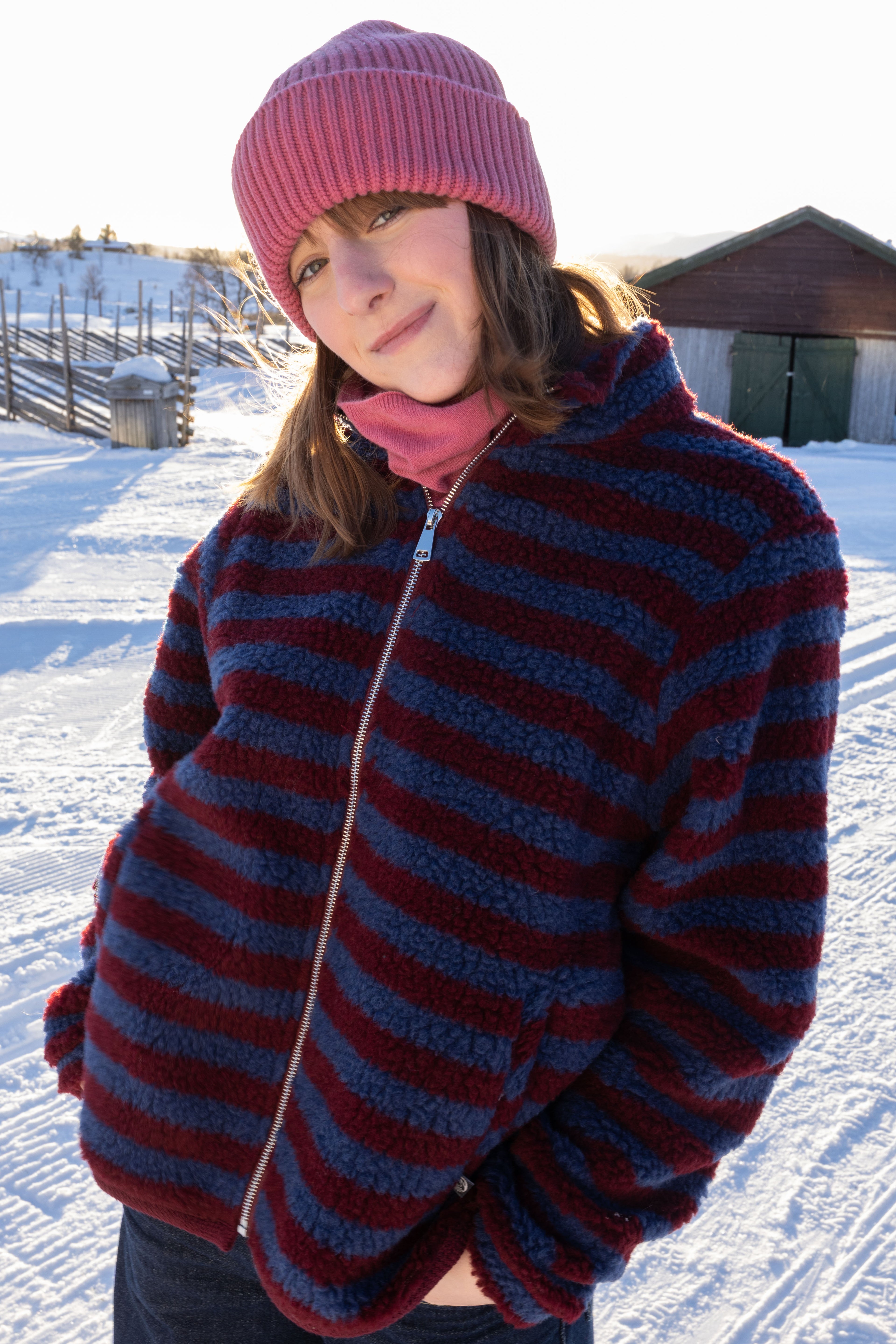 Danedada Fuzzy Wool Stripe Fleece Zip-Up Dark Wine/Porcelaine
