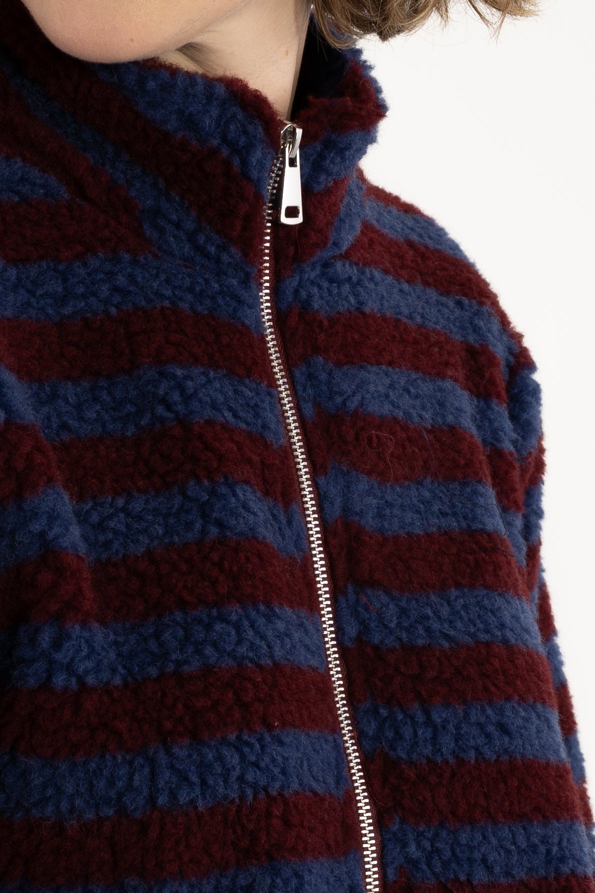 Danedada Fuzzy Wool Stripe Fleece Zip-Up Dark Wine/Porcelaine