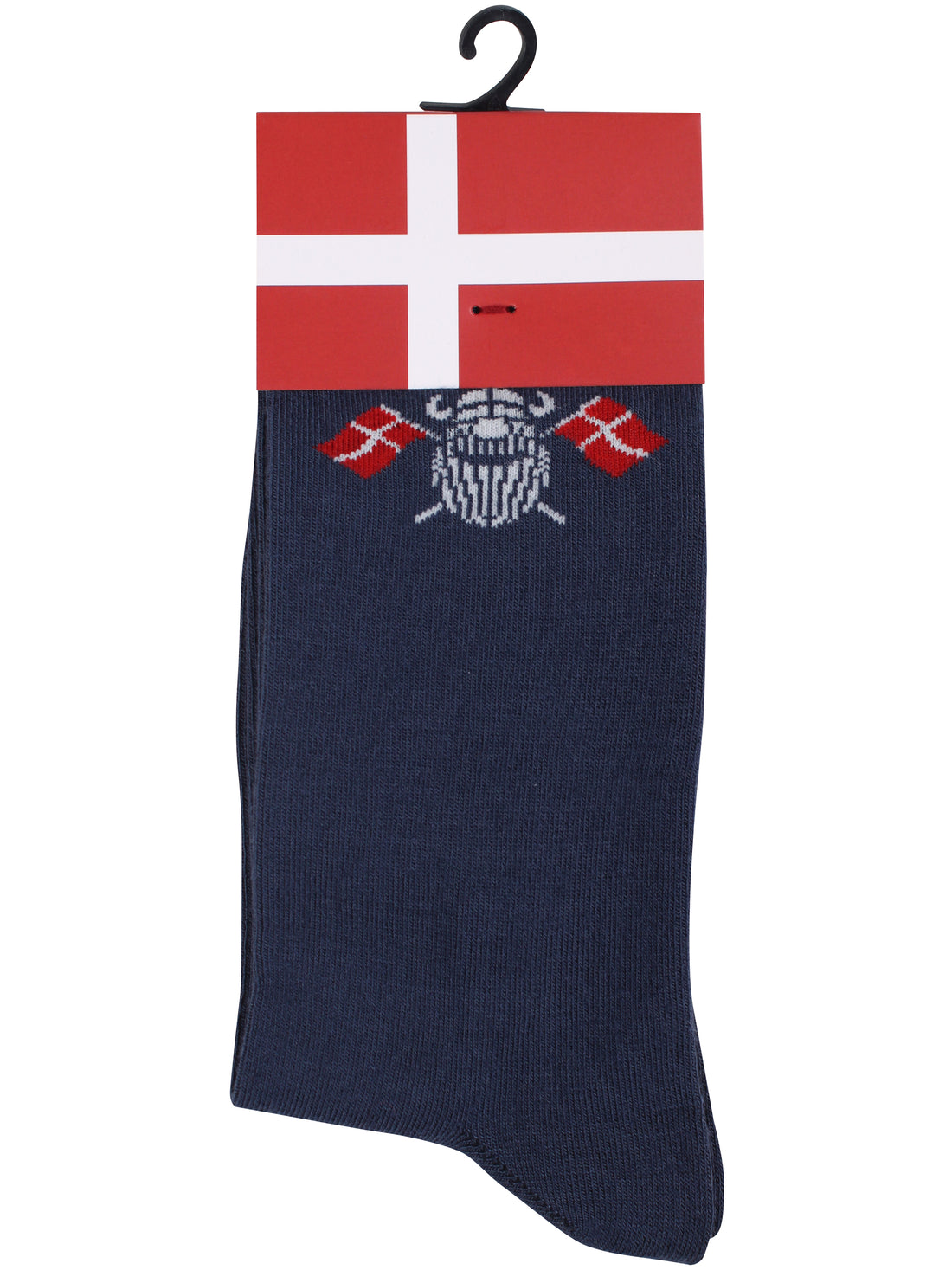 Søde gråblå sokker i bambusmix med print af vikingen Erik med dannebrogsflag
