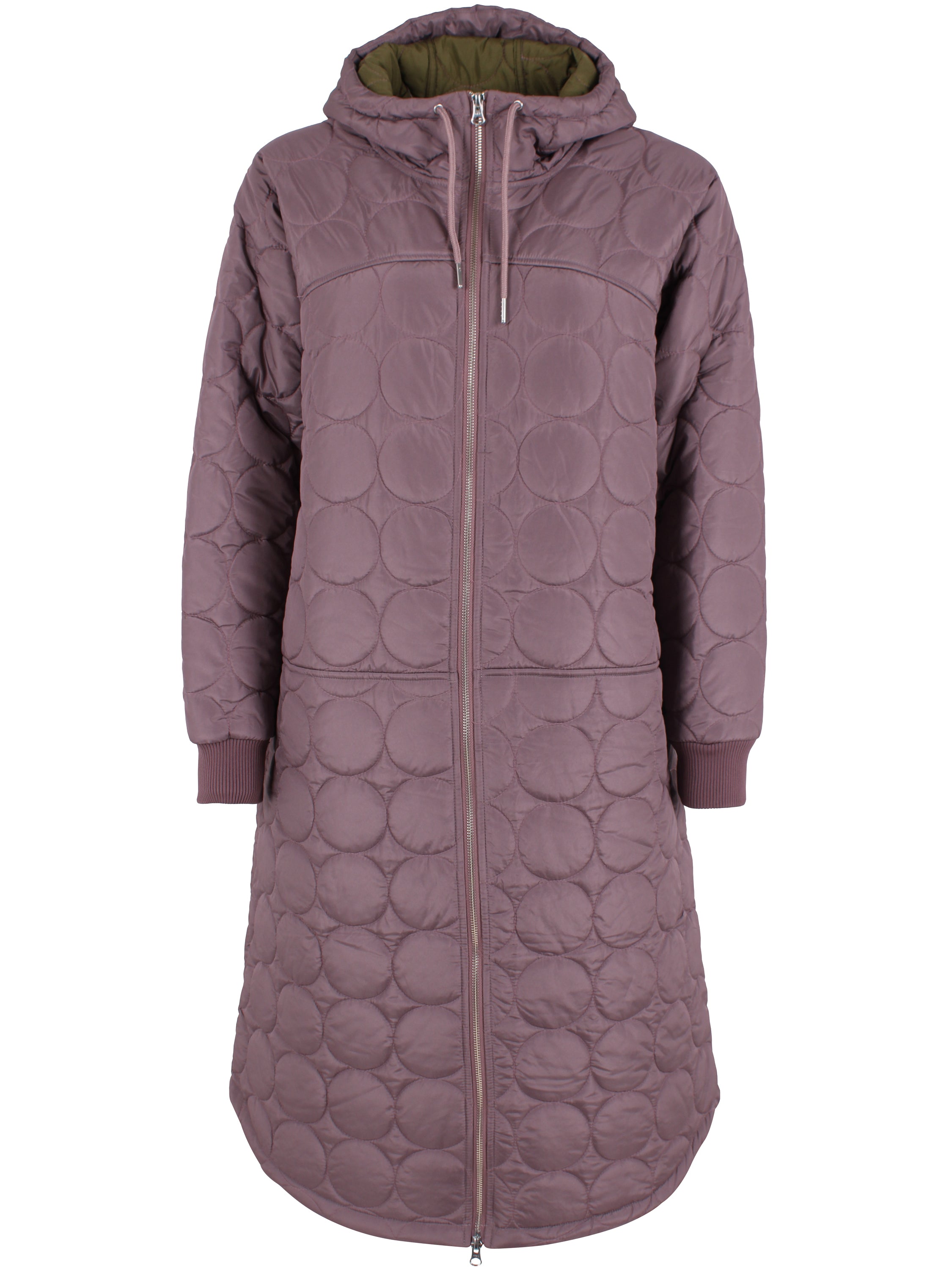 Lang quiltet termojakke i mauve til kvinder