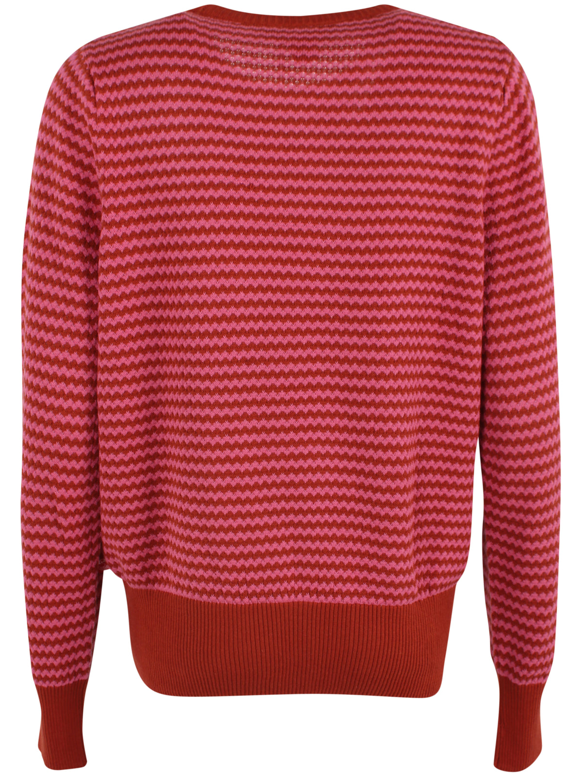 Sød perlestrikket sweater med bølgede striber i brændt rød og lyserød til kvinder
