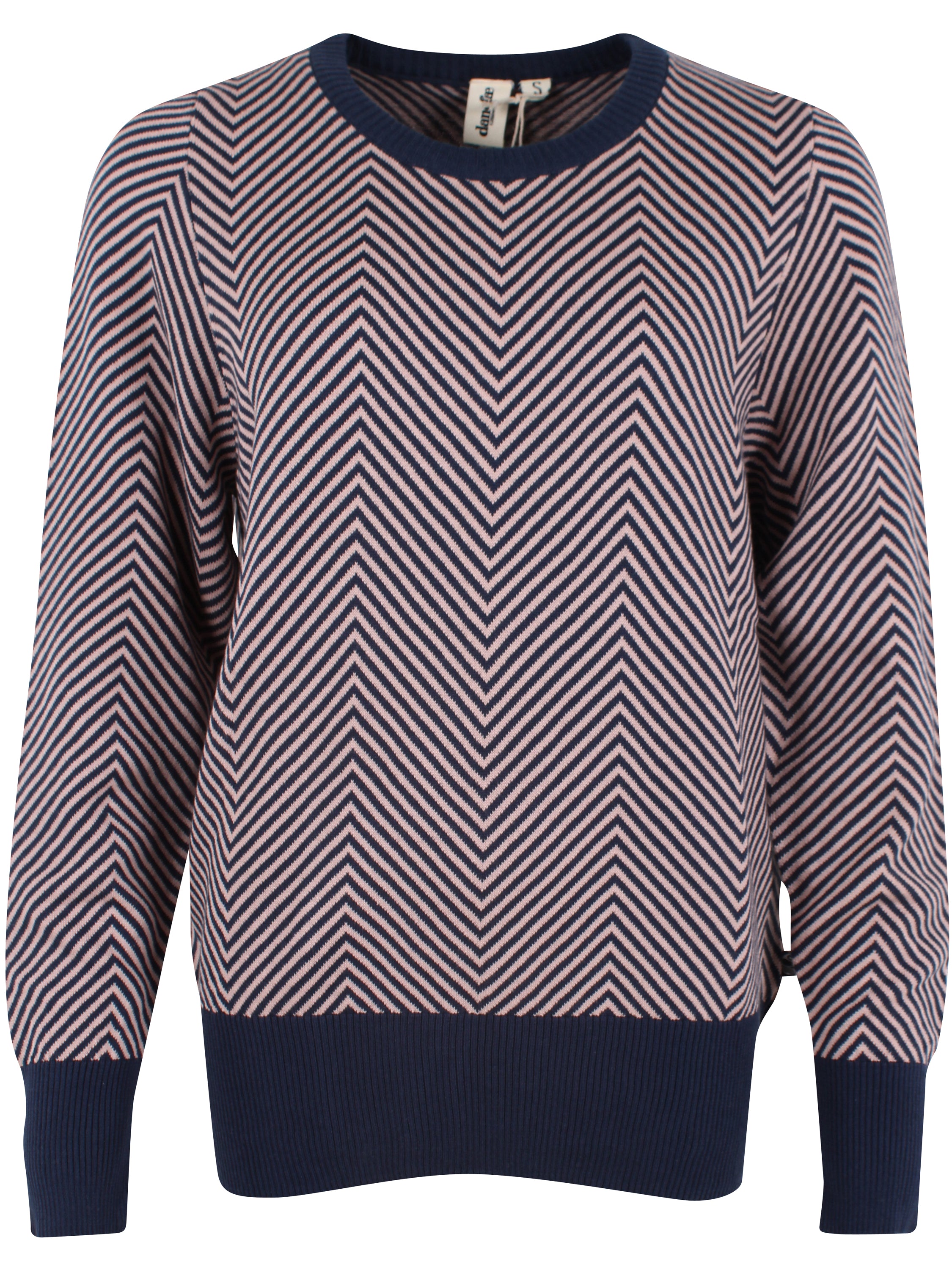 Fin stribet sweater i navyblå og støvet rosa til kvinder