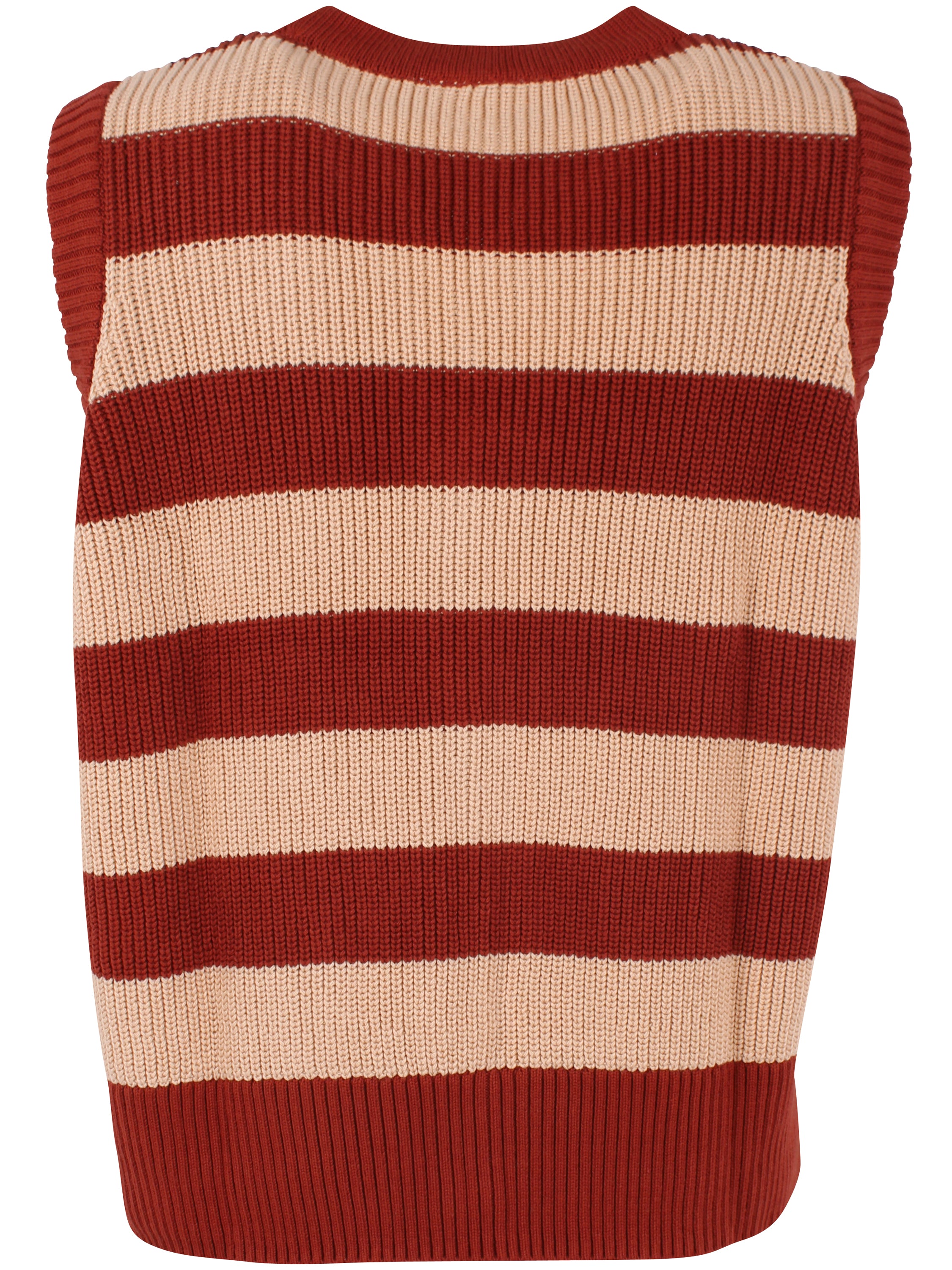 Smart strikket vest med striber i brændt rød og varm sandfarve til kvinder