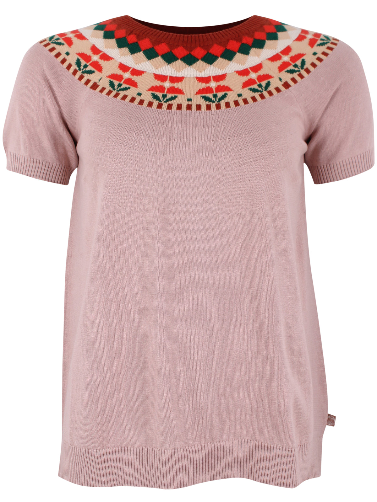 Sød sweater i støvet rosa med blomstermønster og korte ærmer til kvinder