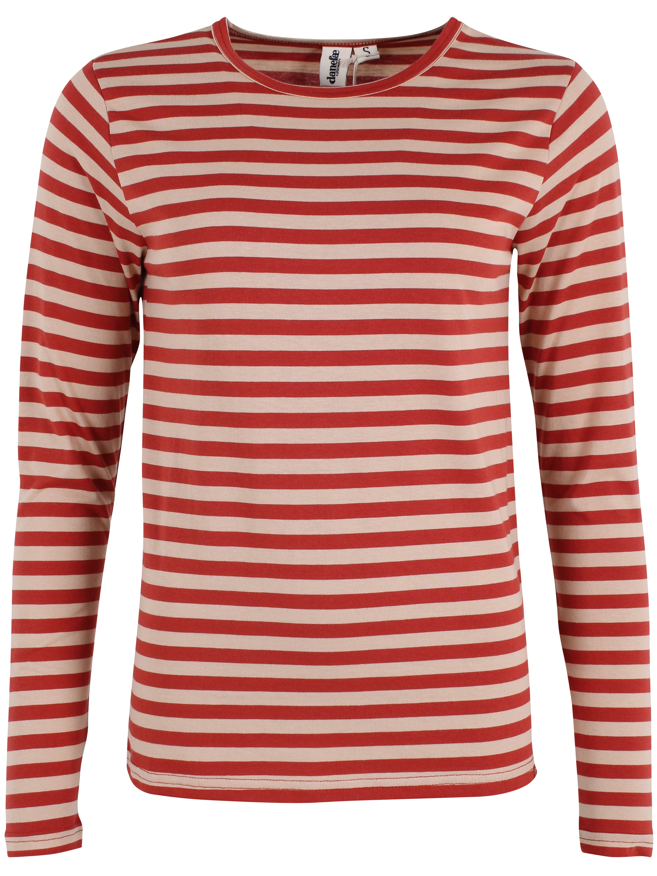 Lækker bluse med striber i varm sandfarve og brændt rød til kvinder