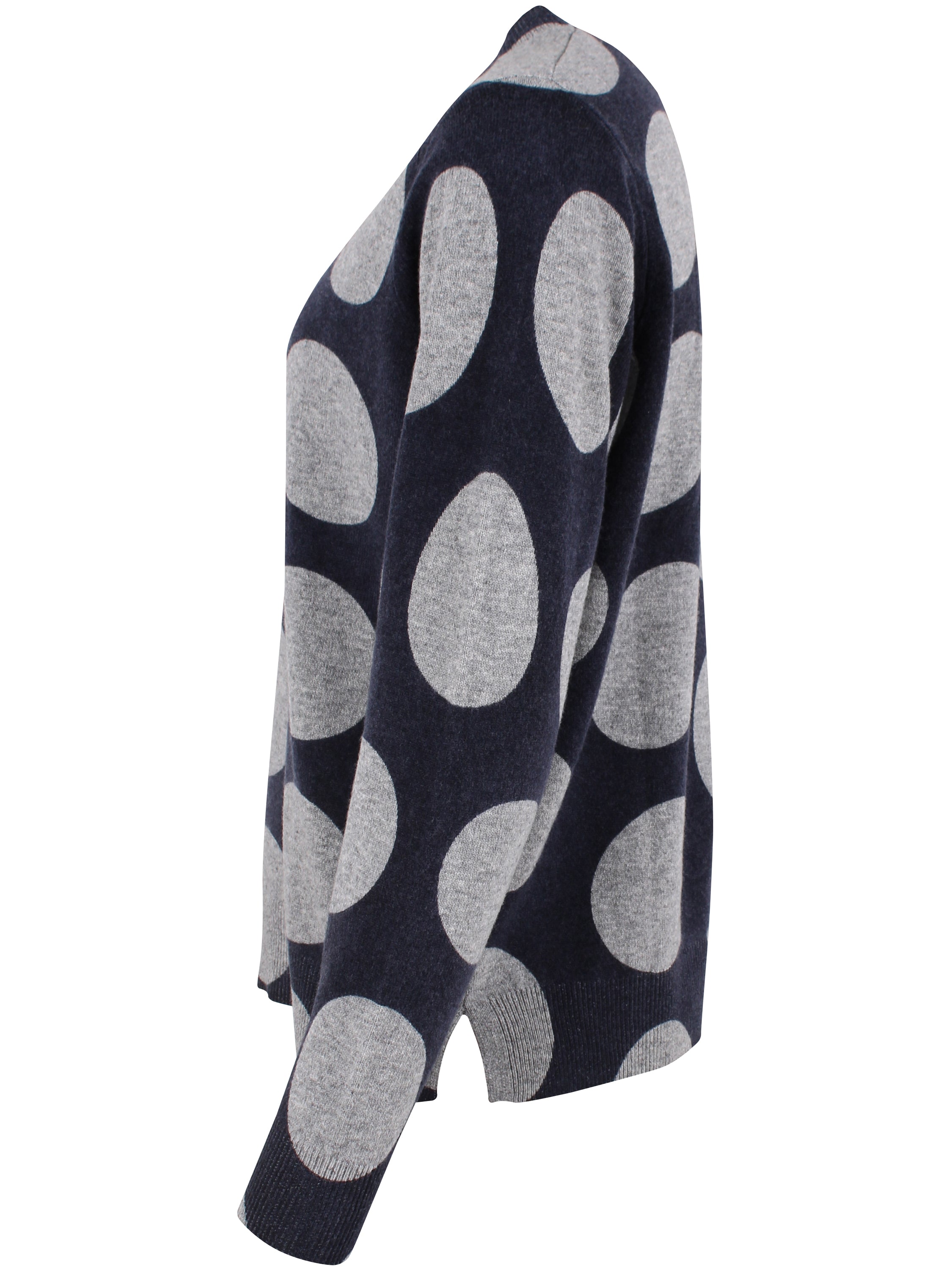 Smart navyblå sweater i 100% merinould med rund hals og grå prikker til kvinder