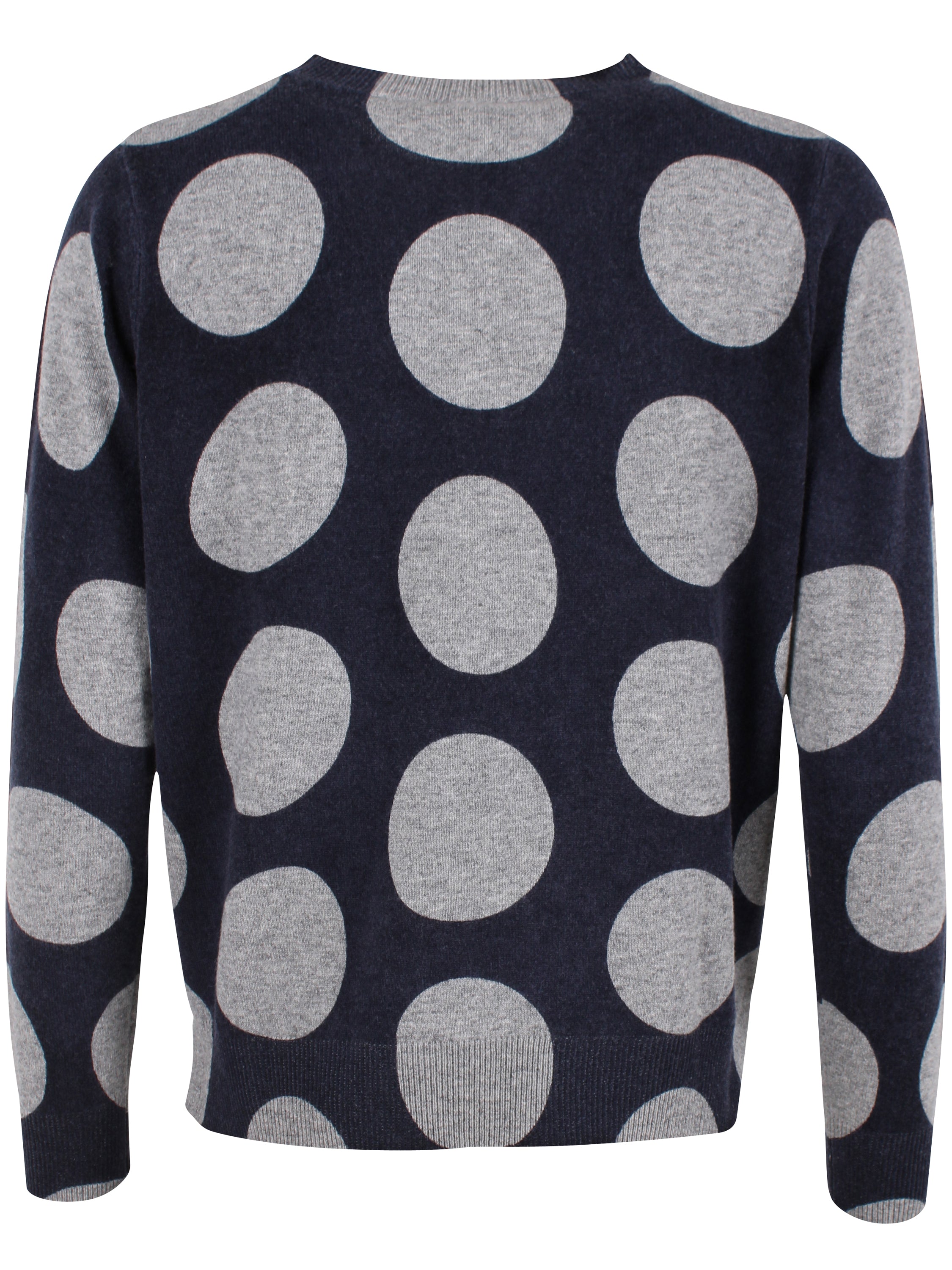 Smart navyblå sweater i 100% merinould med rund hals og grå prikker til kvinder