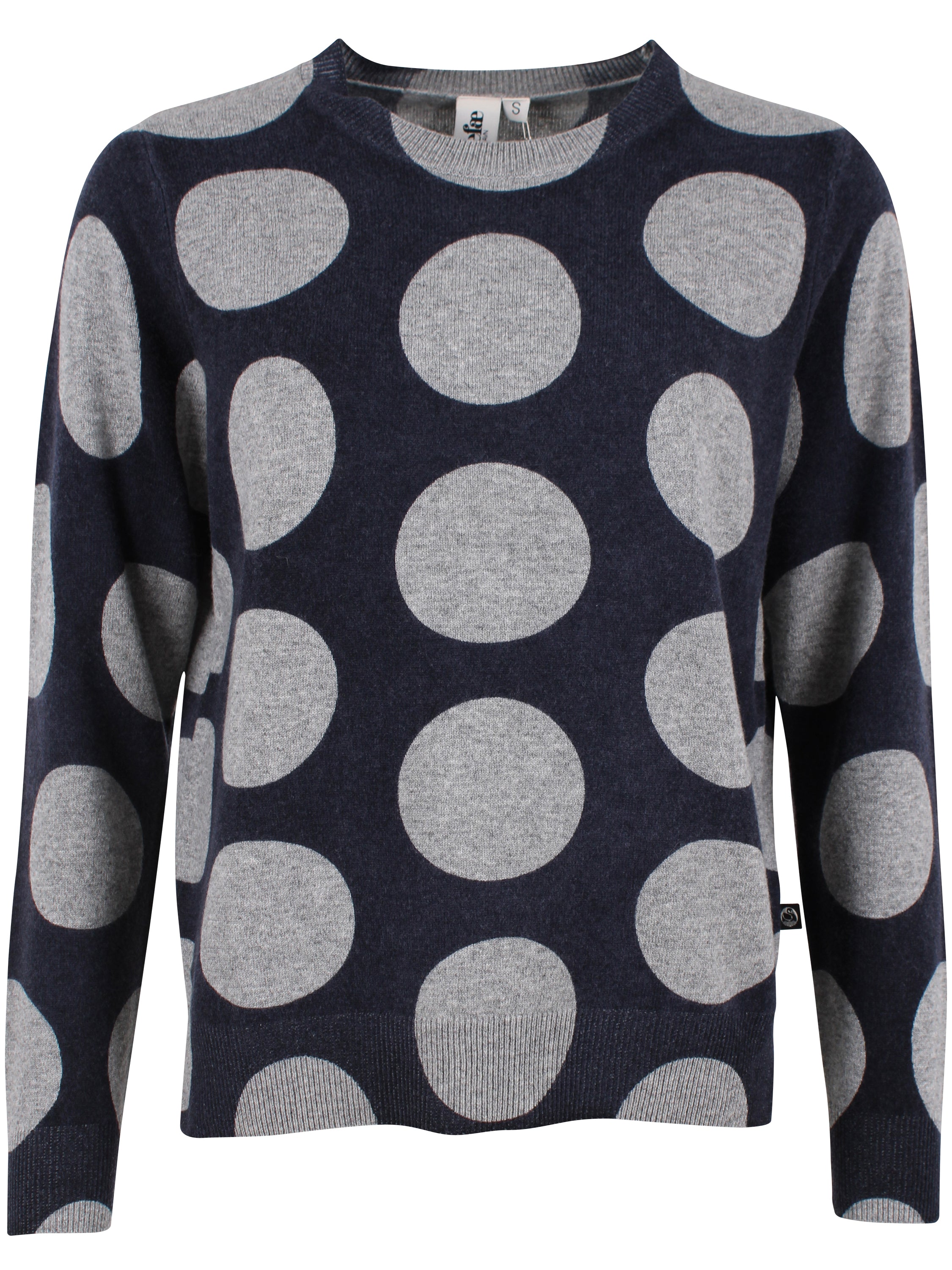 Smart navyblå sweater i 100% merinould med rund hals og grå prikker til kvinder