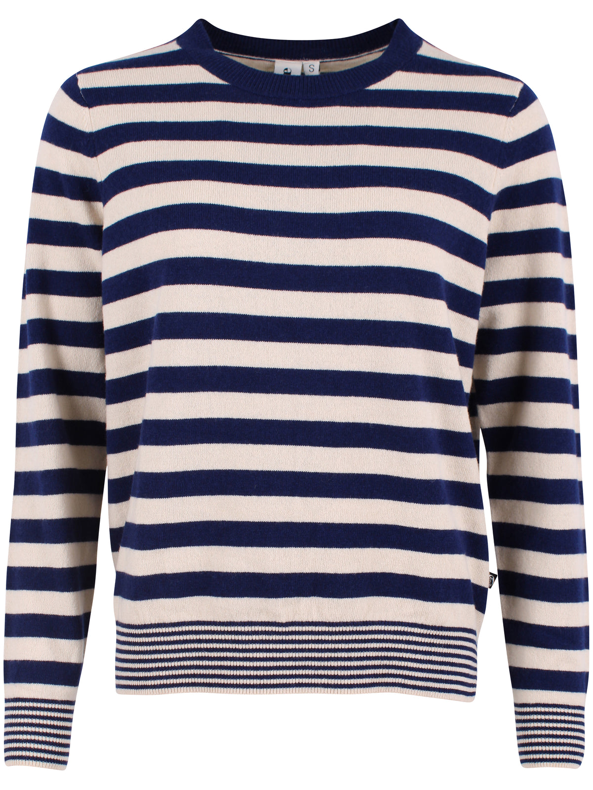 Smart sweater i 100% merinould med rund hals og blå og beige striber til kvinder