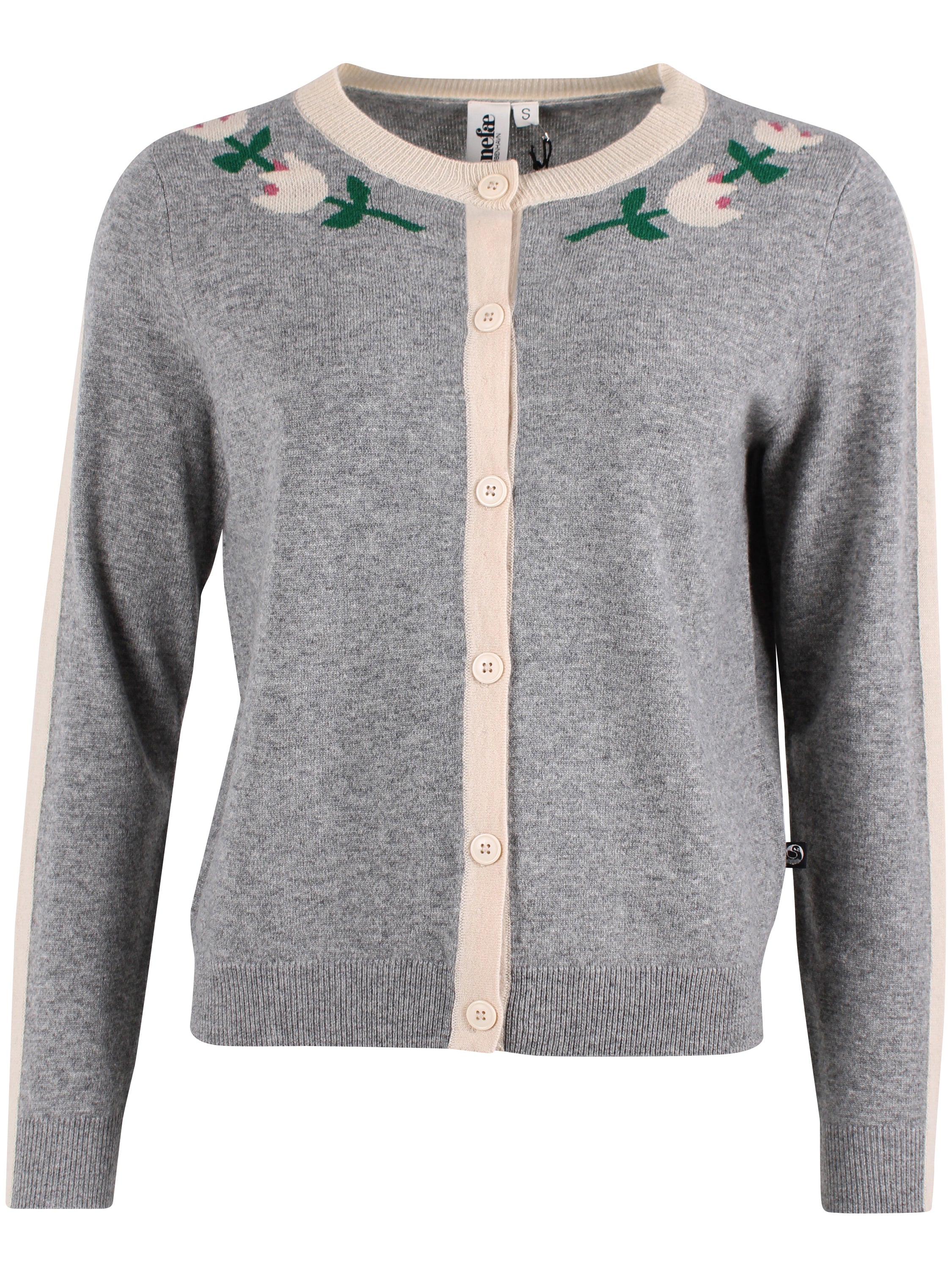 Sød grå cardigan med blomster i 100% merinould til kvinder