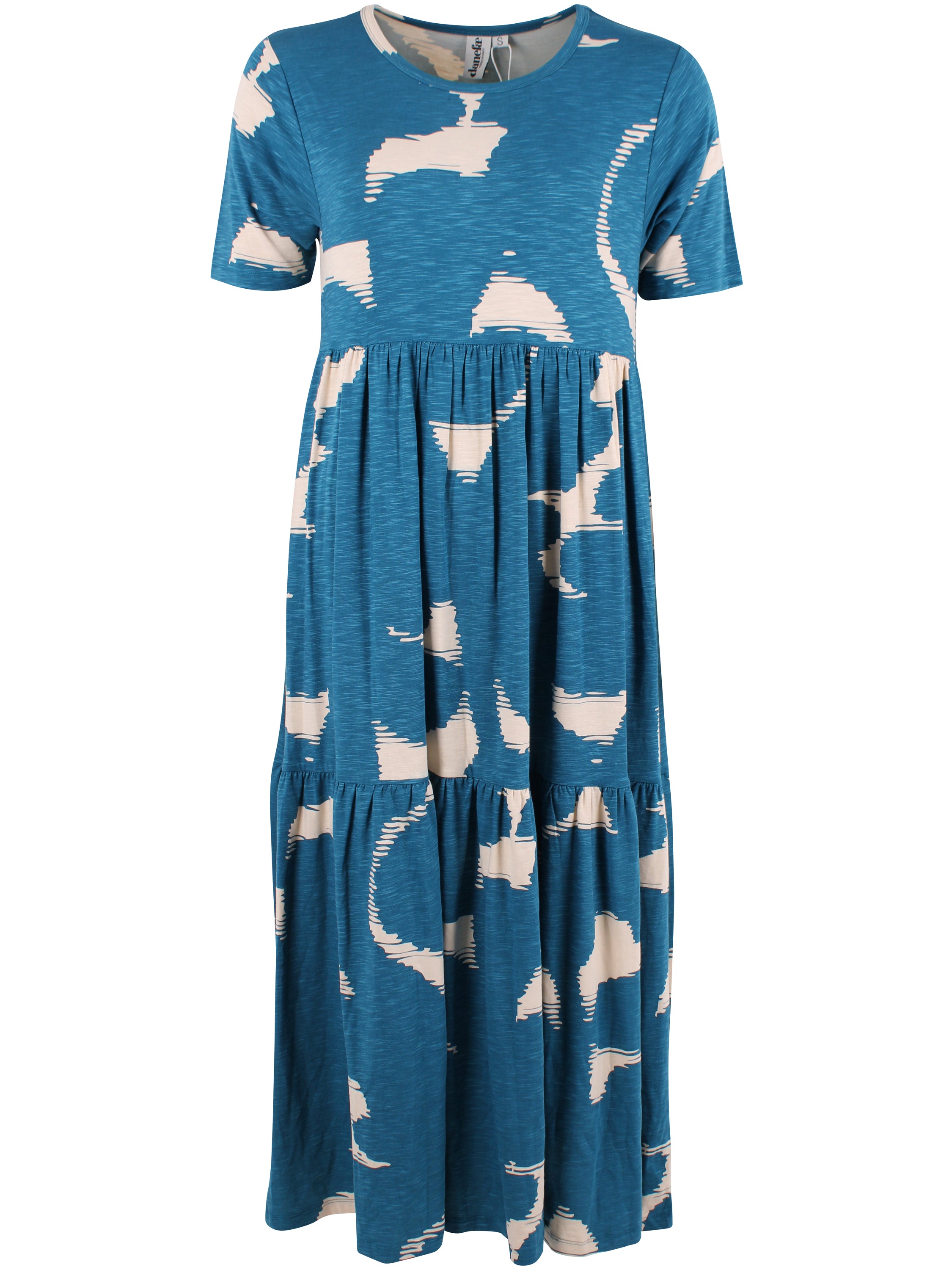 Skøn kjole med mønster i varm blå og lys beige til kvinder