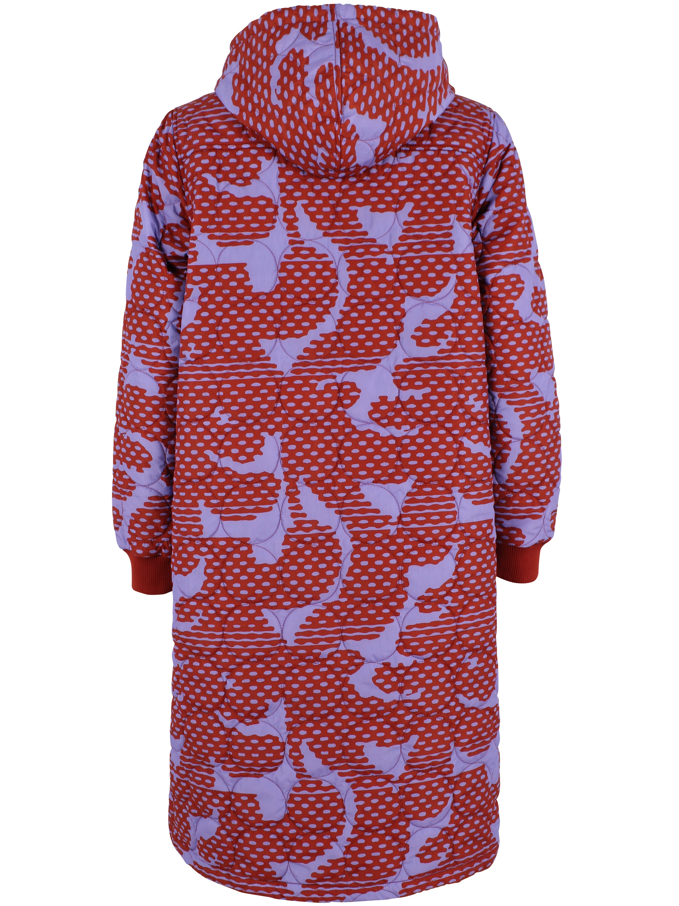 Lang quiltet termojakke med mønster i brændt rød og lyslilla til kvinder