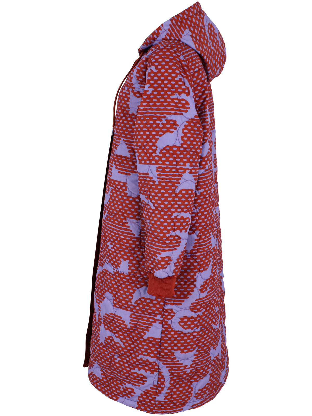 Lang quiltet termojakke med mønster i brændt rød og lyslilla til kvinder