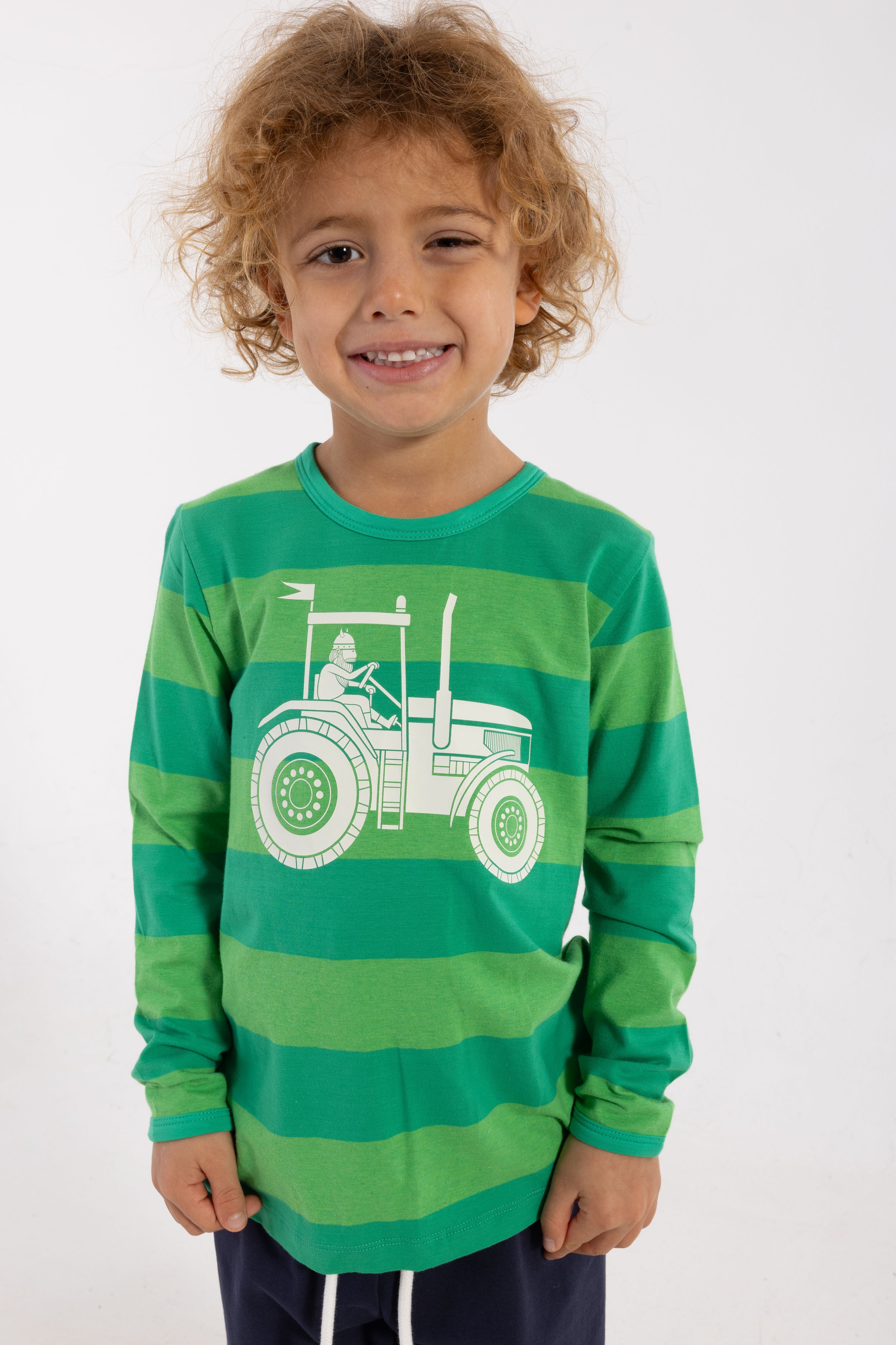 Stribet bluse i bomuld til børn med print af viking på traktor