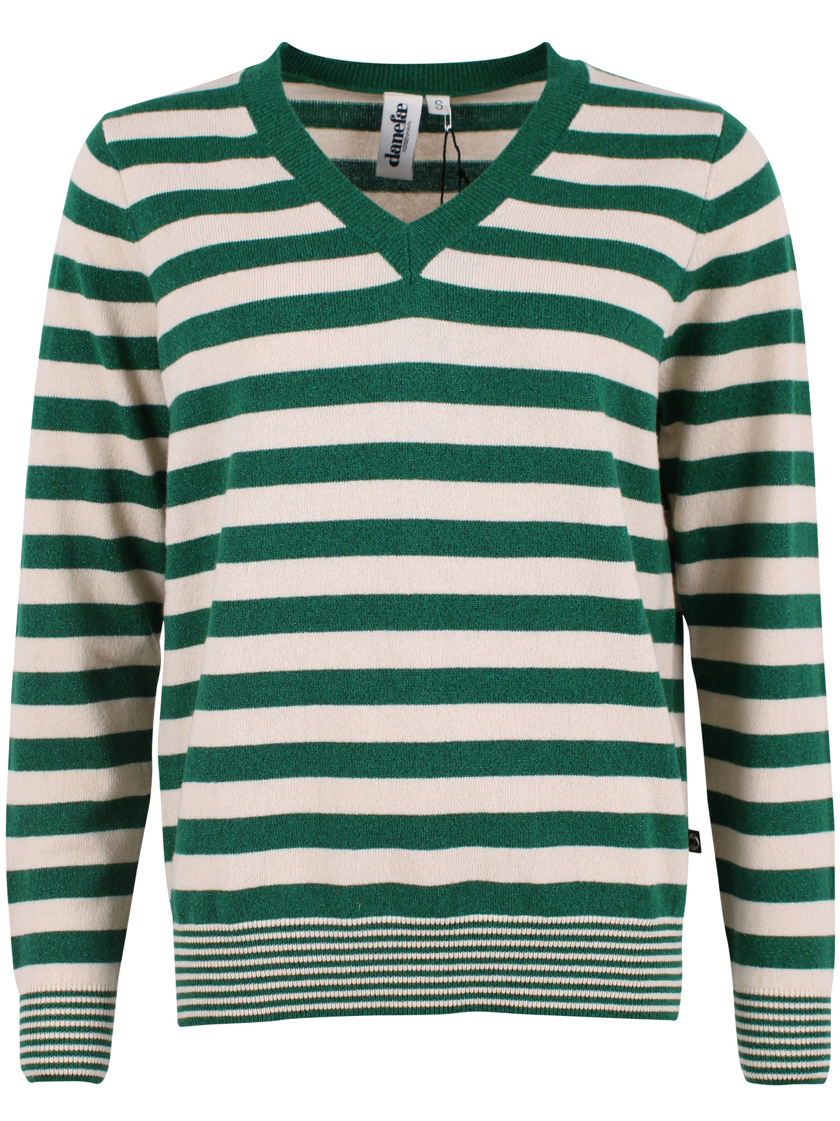 Fin sweater i merinould med v-hals og striber i grøn med glitter og beige til kvinder