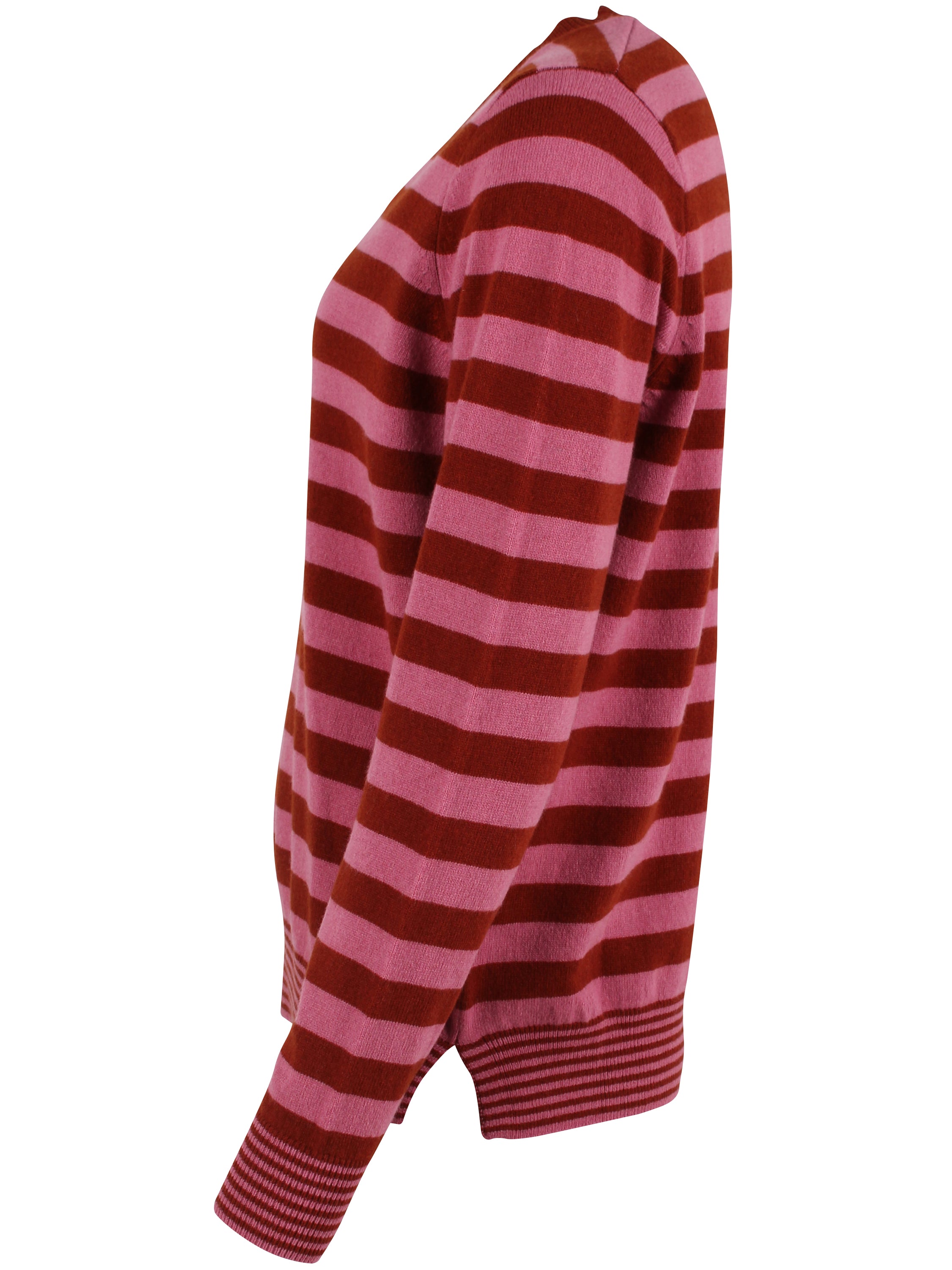 Flot sweater i 100% merinould med v-hals og røde og lyserøde striber til kvinder