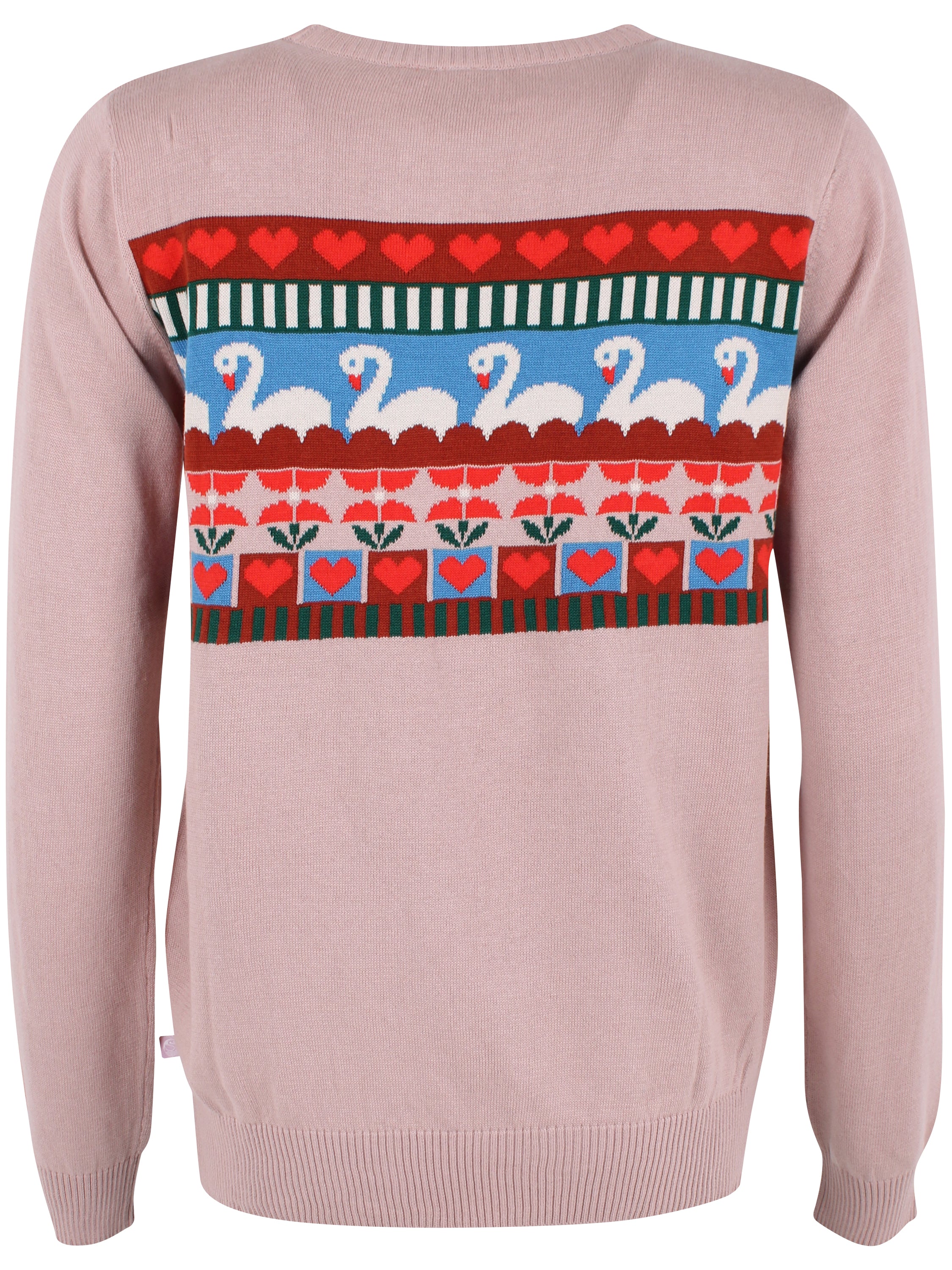 Fin sweater i støvet rosa med flot mønster af svaner og hjerter til kvinder