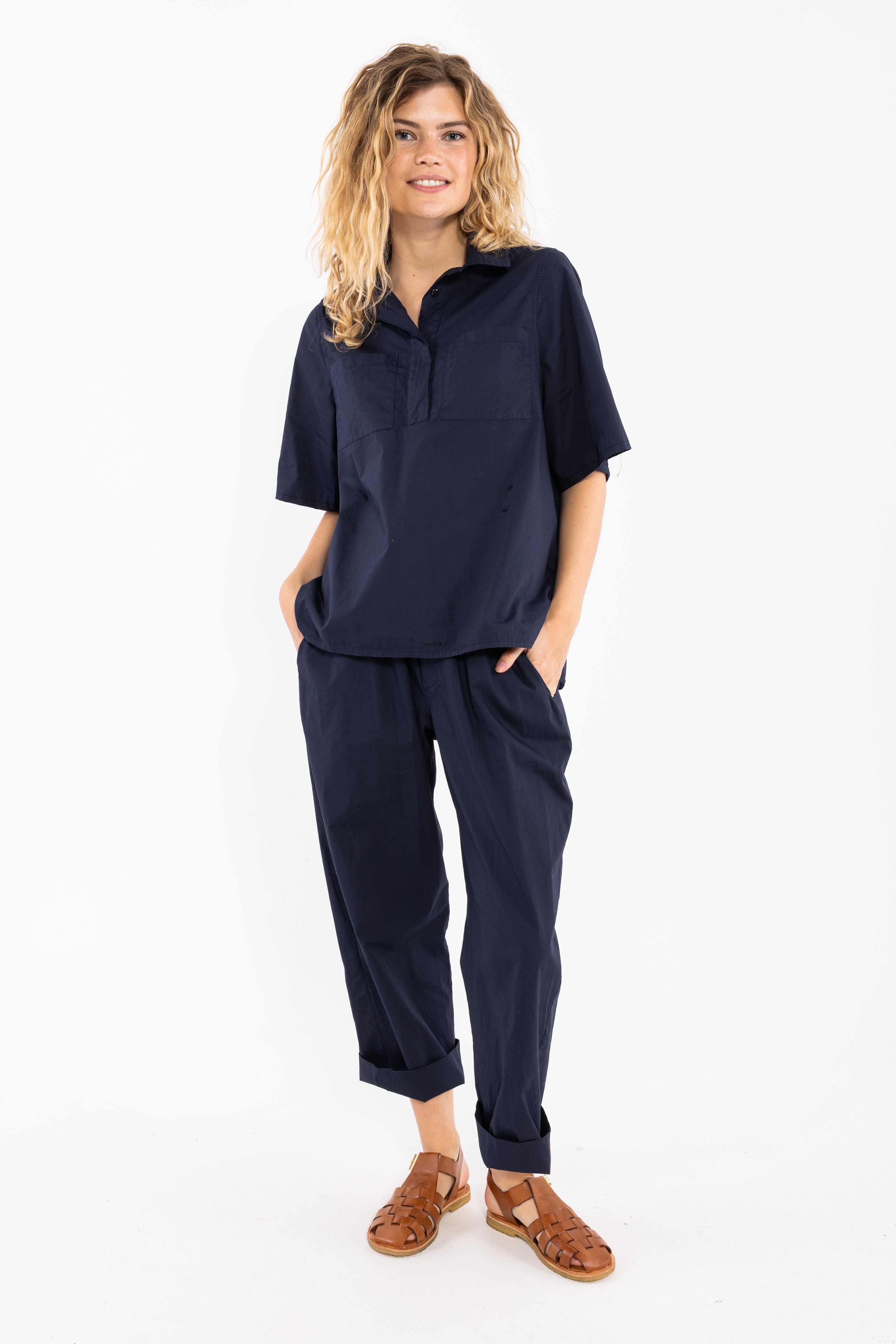 Danepeople Smooth Poplin SS Shirt Dark Navy
