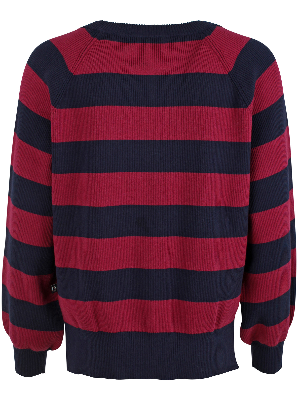 Flot chunky sweater med v-hals og blå og røde striber i uldblanding til kvinder