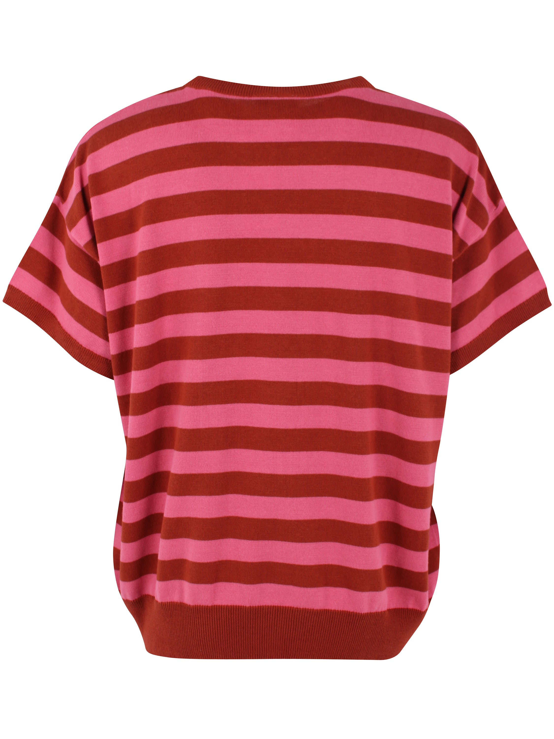 Fin kortærmet striktrøje med pink og røde striber til kvinder