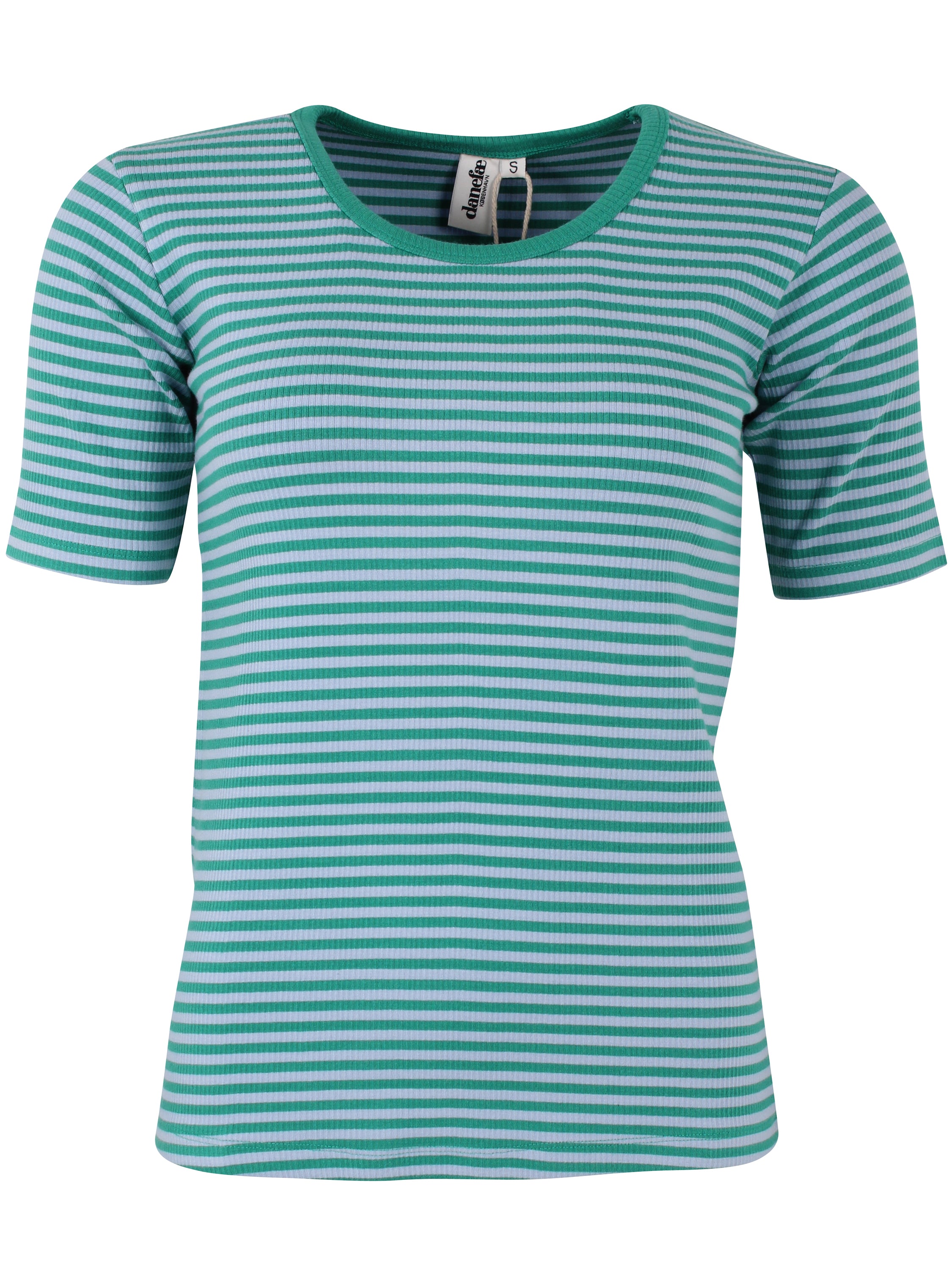 Stribet t-shirt i blå og grøn til kvinder
