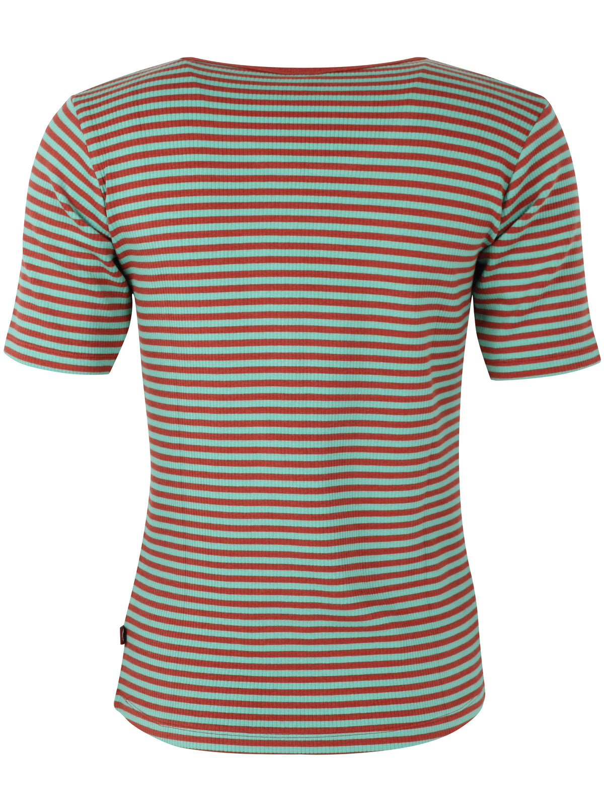 Stribet t-shirt i brændt rød og mintgrøn til kvinder