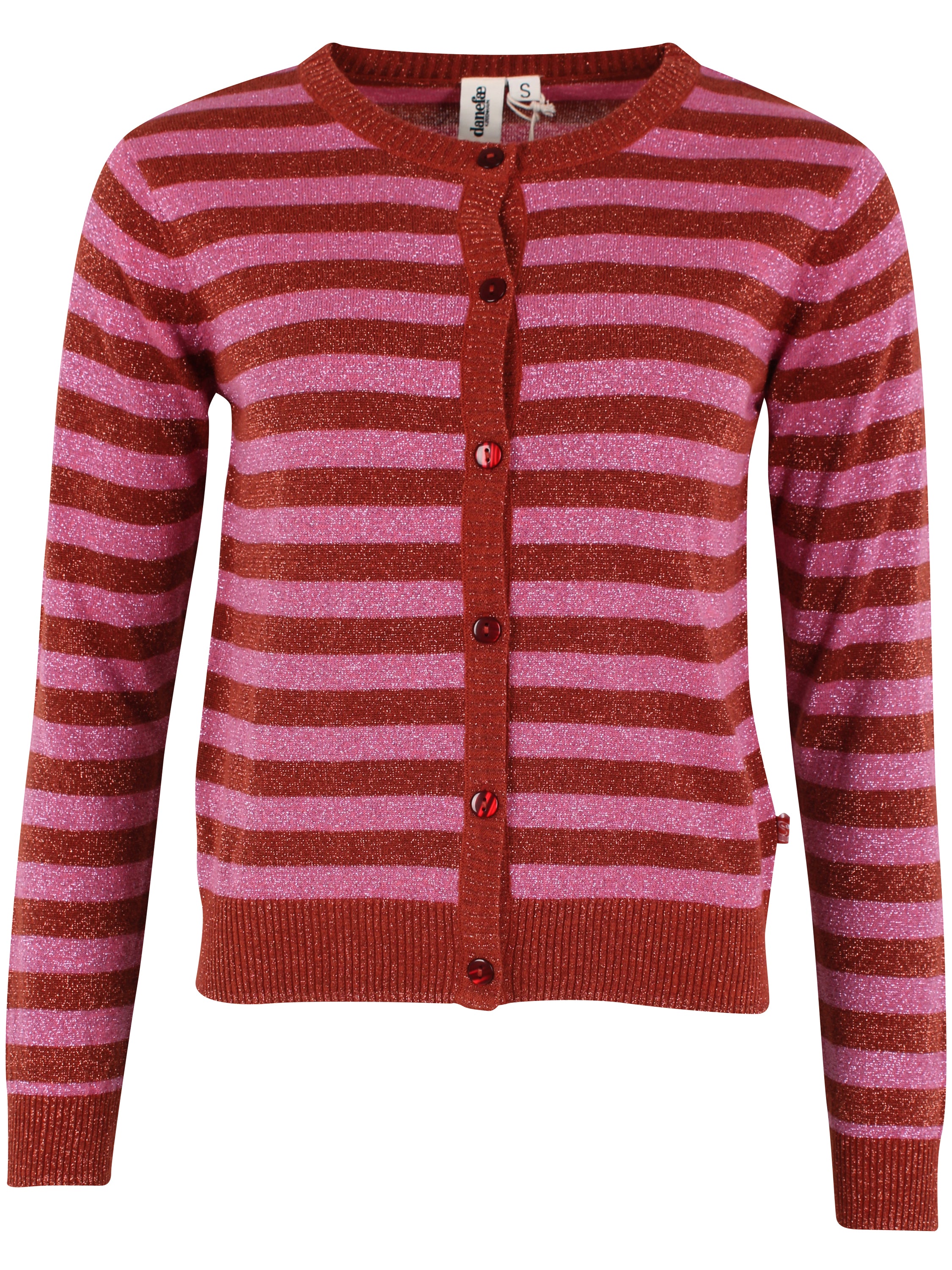Sød cardigan med glitter og røde og lyserøde striber til kvinder