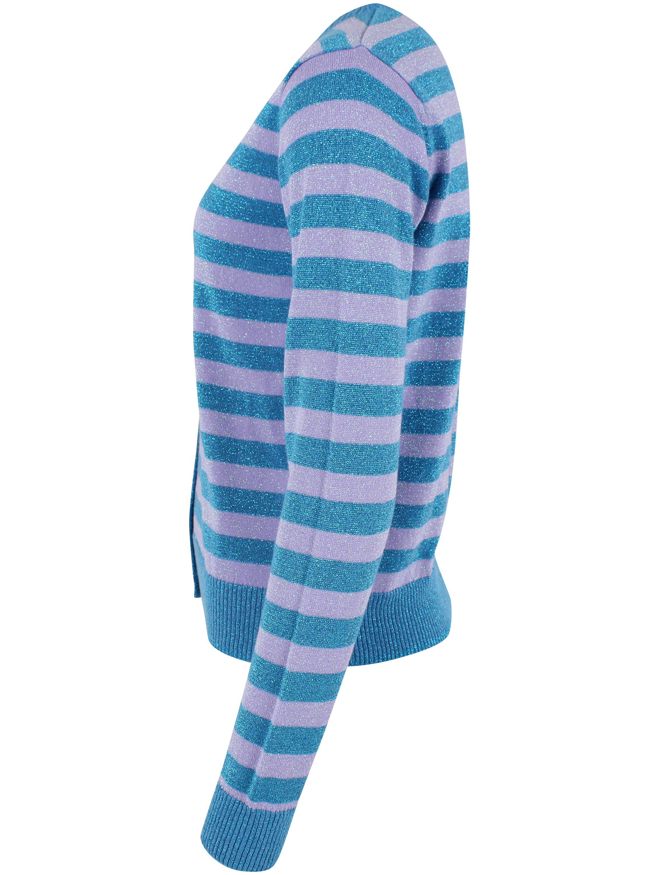 Sød glittercardigan med lyslilla og blå striber til kvinder