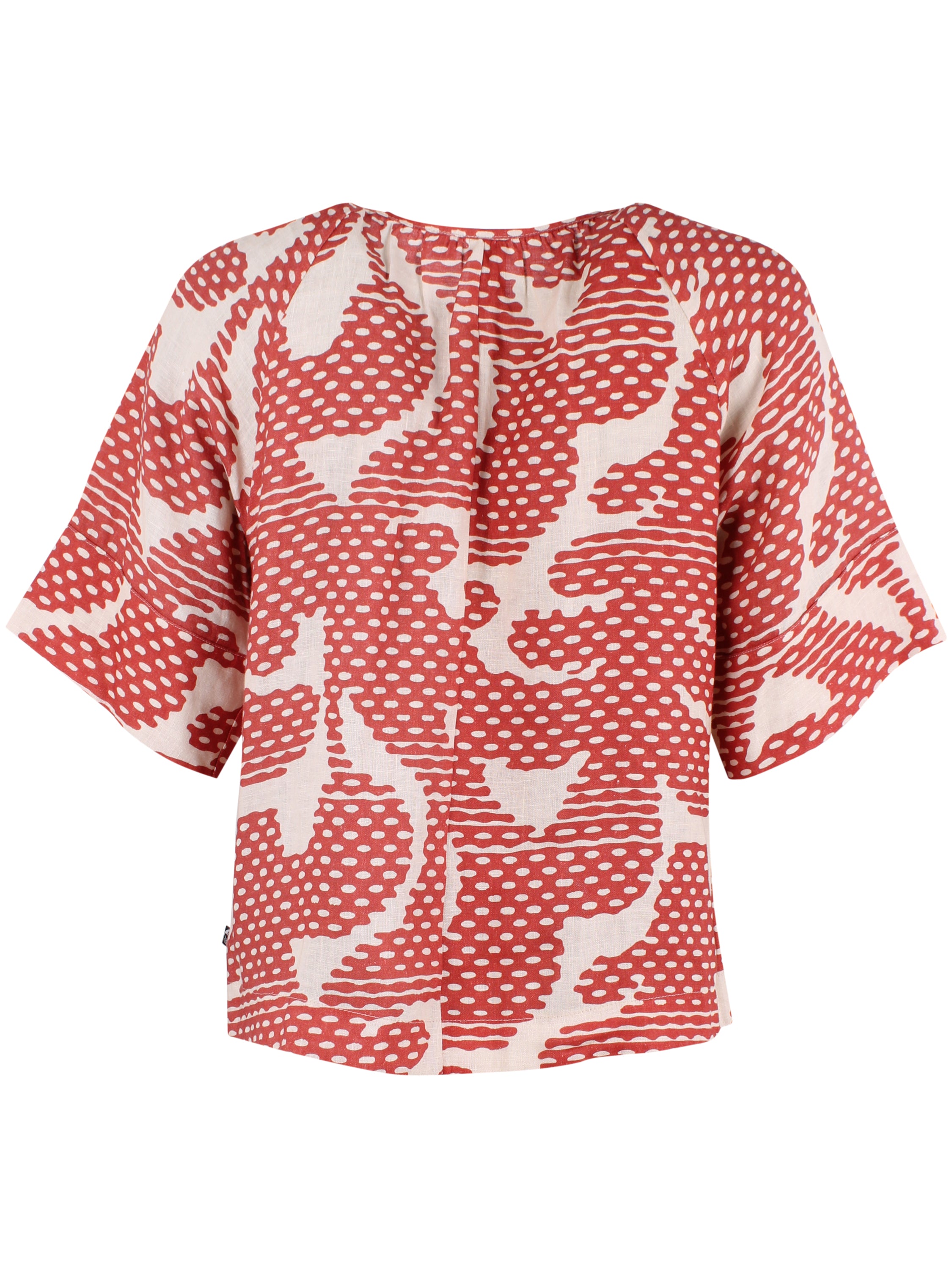 Sød skjortebluse i orangebrunt og sandfarvet mønster og lækker hørblanding til kvinder