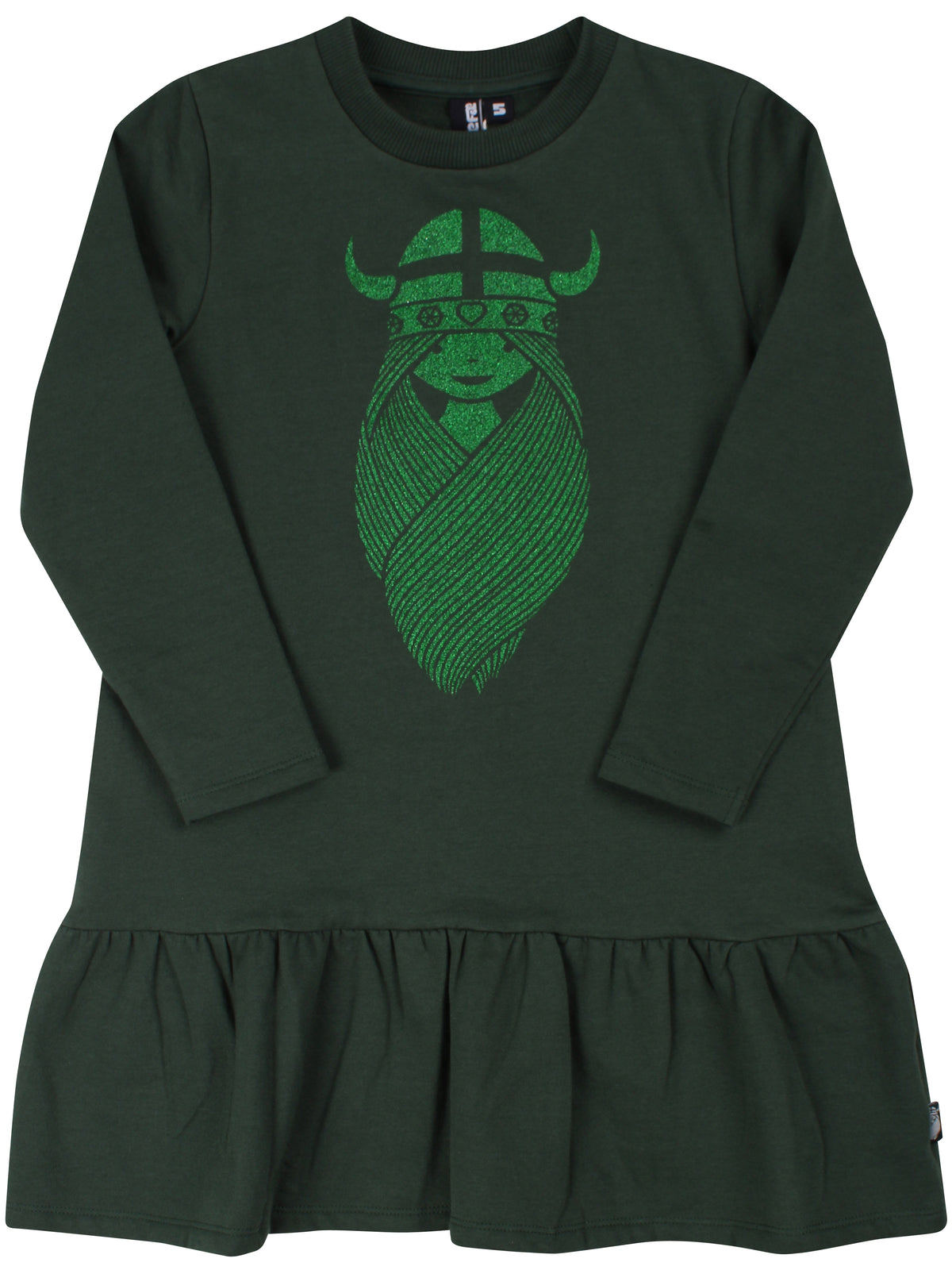 Fin grøn kjole med glitterprint af vikingen Freja til børn