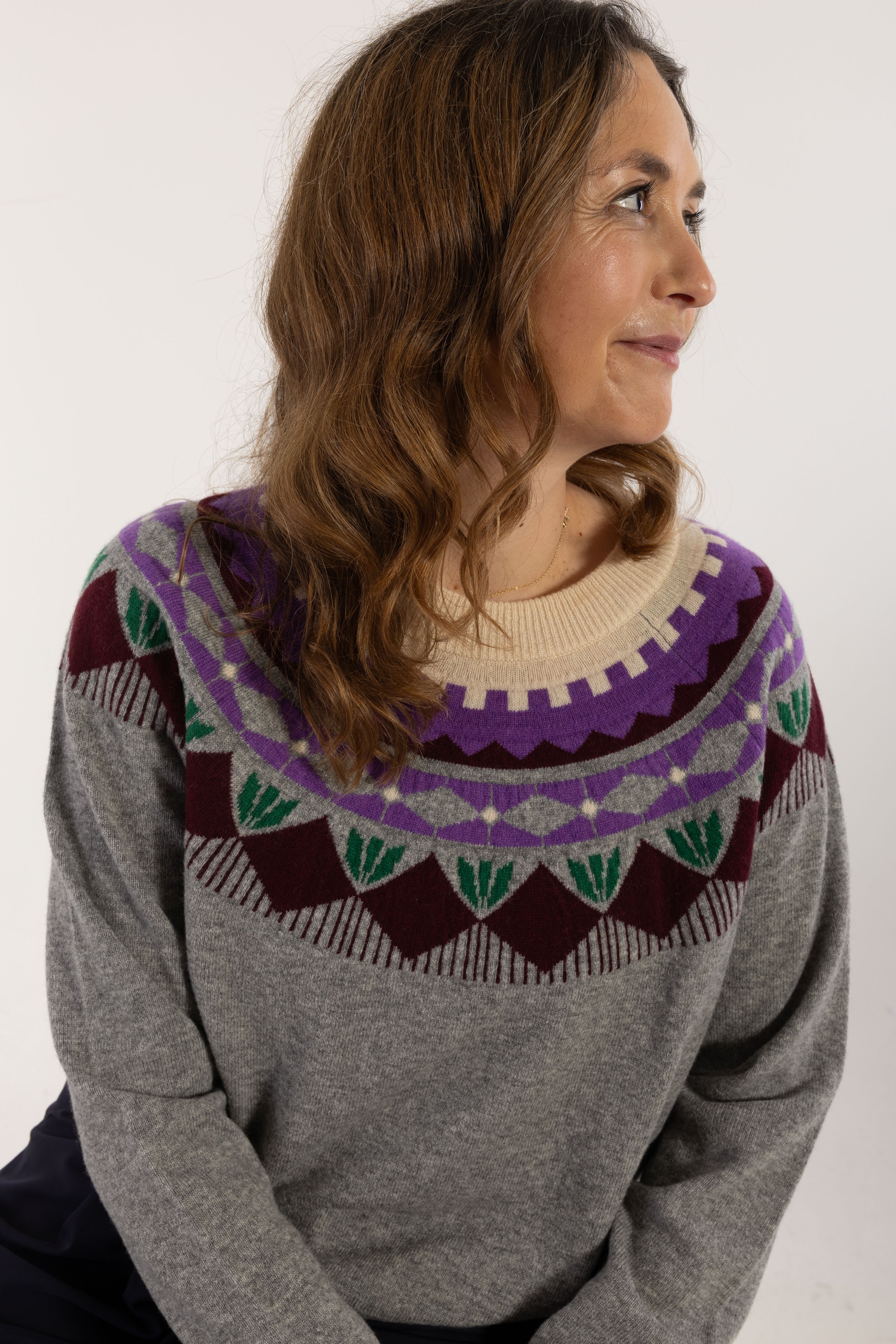Danesidsel Merino Wool Sweater Heather Grey_Flower Jaquard
