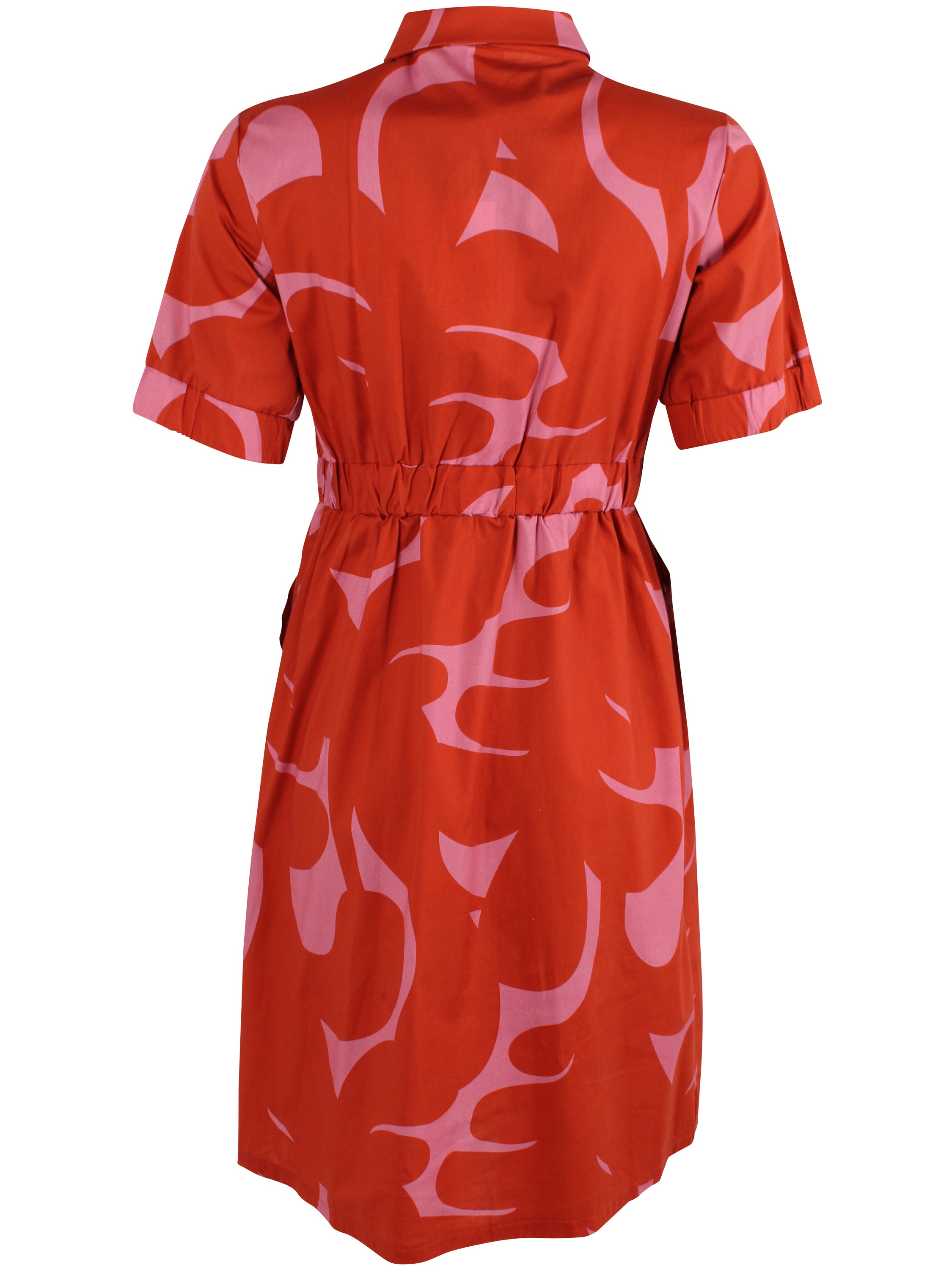 Fin skjortekjole med abstrakt mønster i rød og pink til kvinder