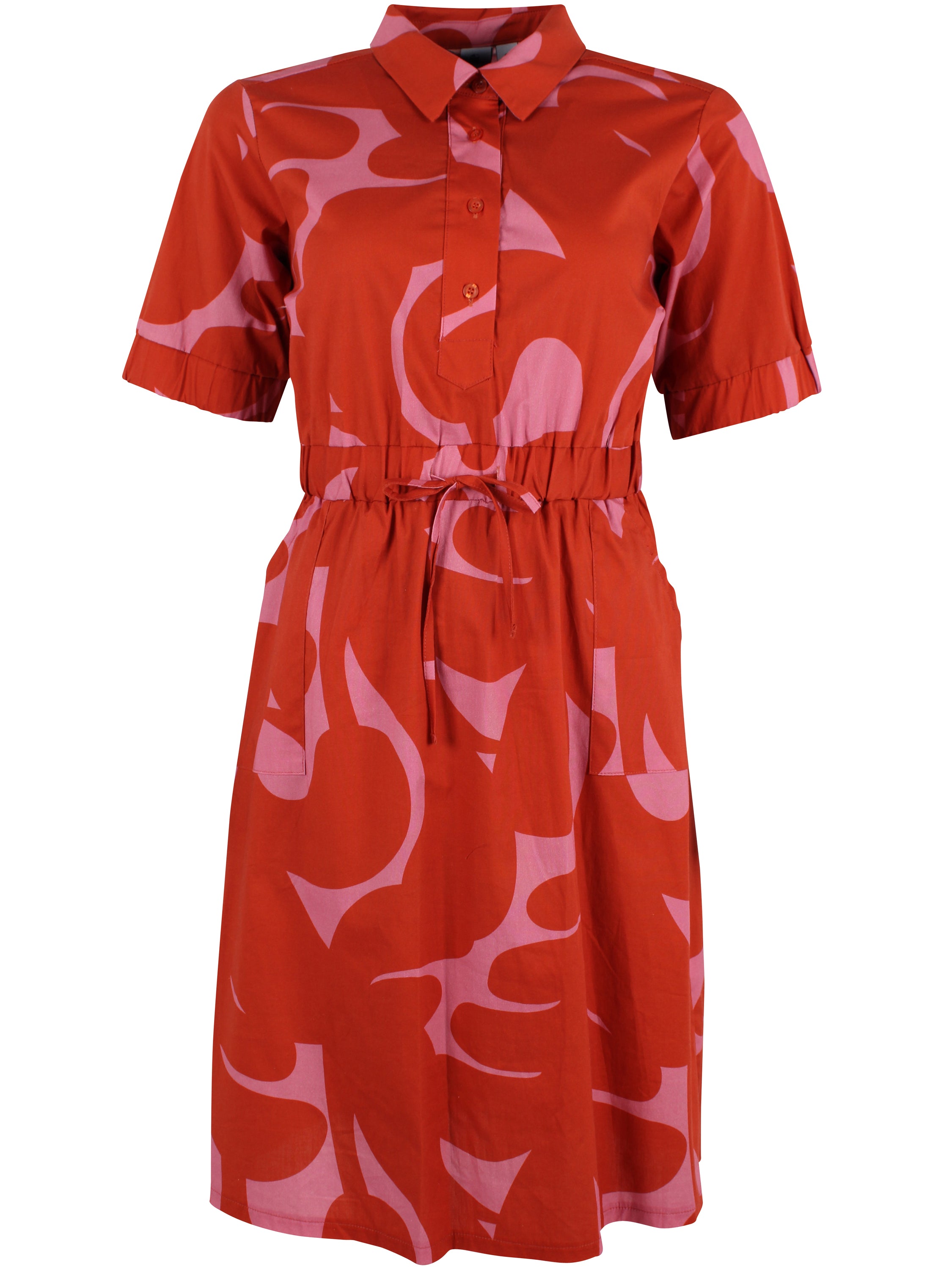 Fin skjortekjole med abstrakt mønster i rød og pink til kvinder
