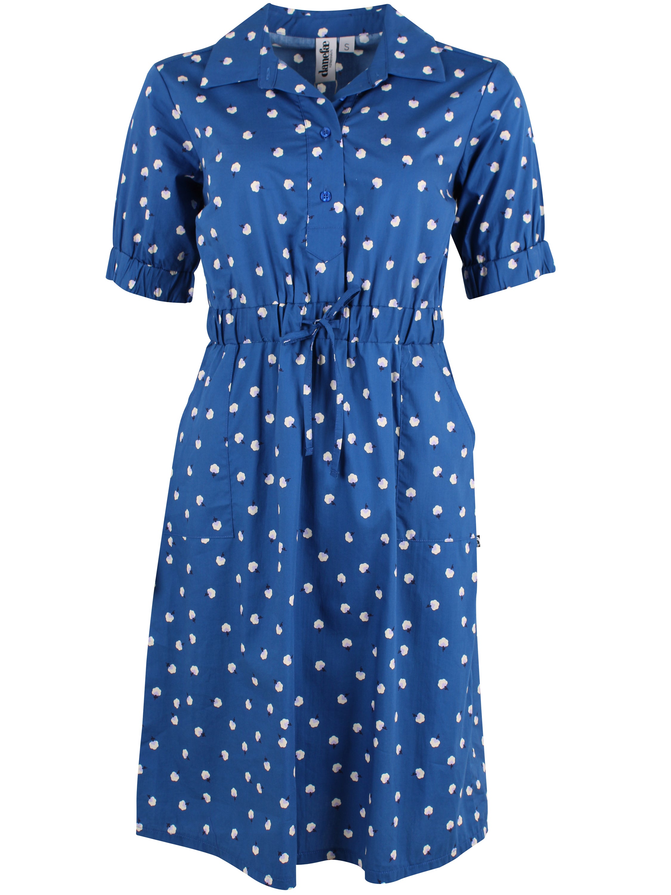 Fin skjortekjole i mørkeblå med blomsterinspireret mønster til kvinder