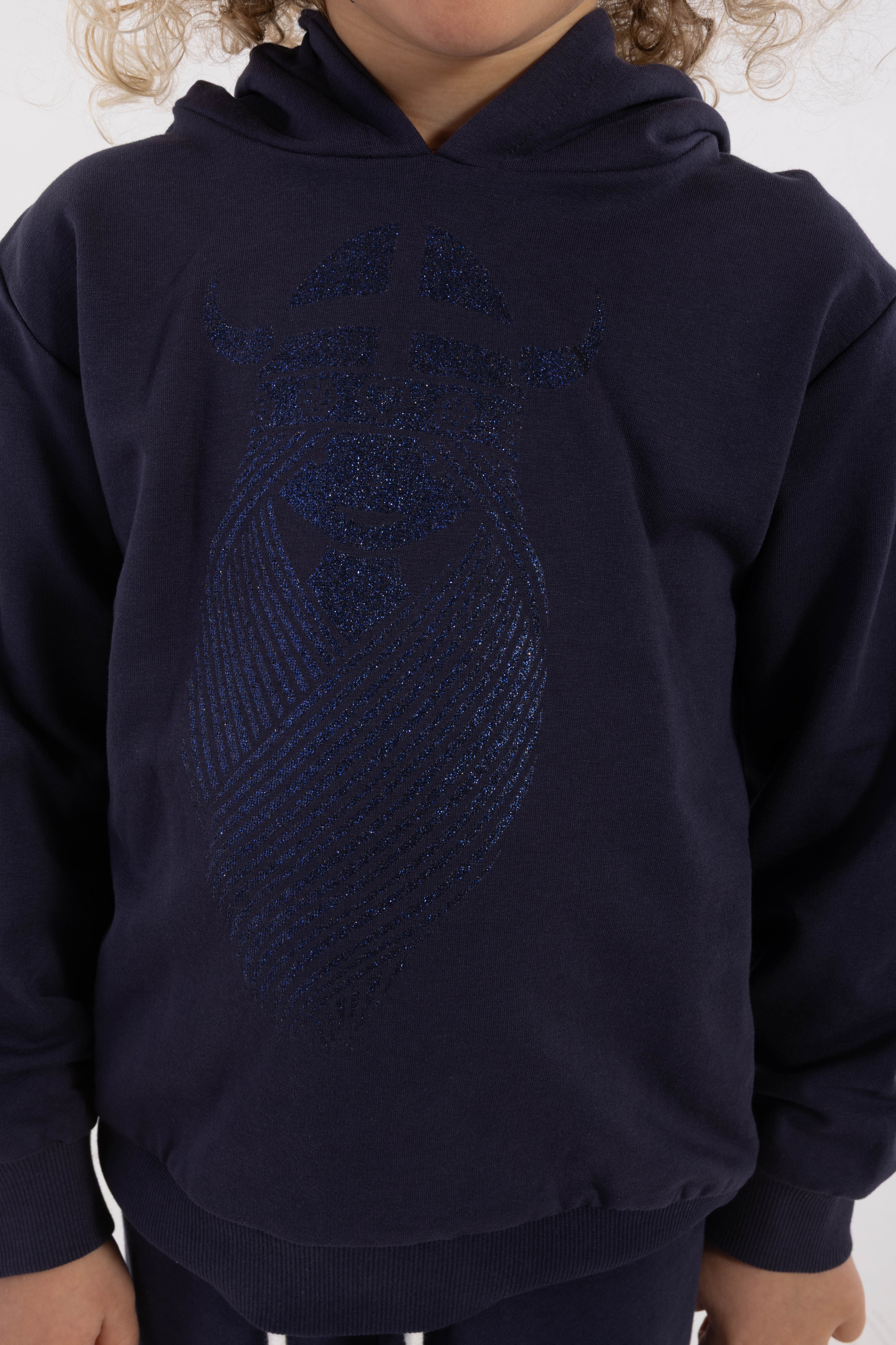 Navyblå hættetrøje til børn med glitterprint af vikingen Freja