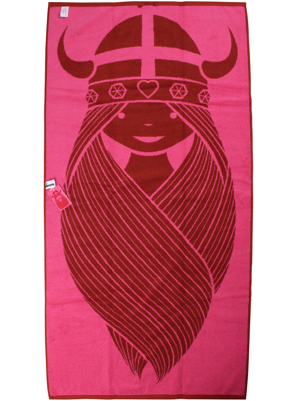 Lækkert badehåndklæde i rød og pink med print af vikingen Freja