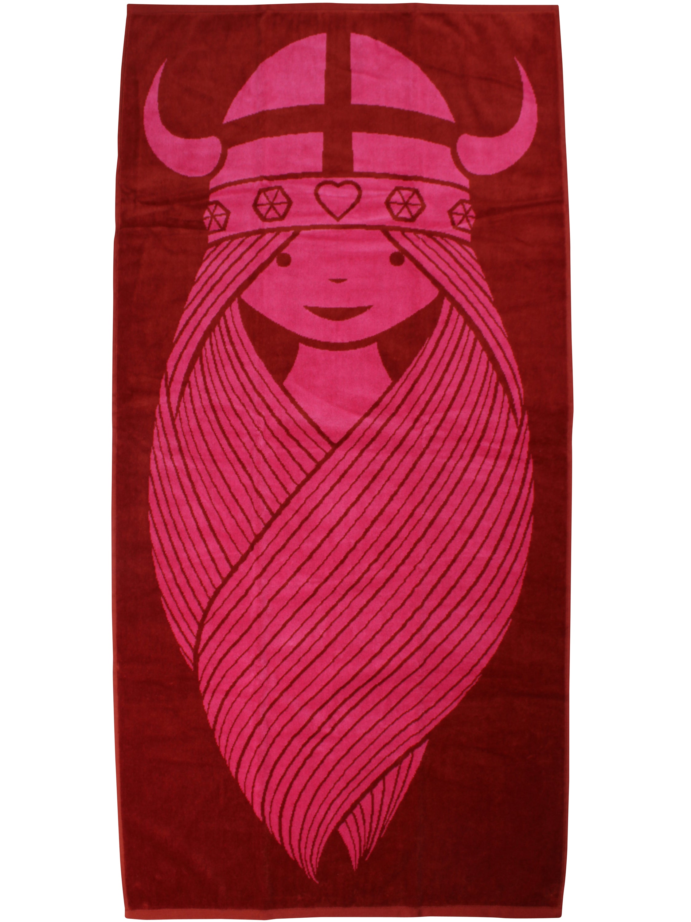 Lækkert badehåndklæde i rød og pink med print af vikingen Freja