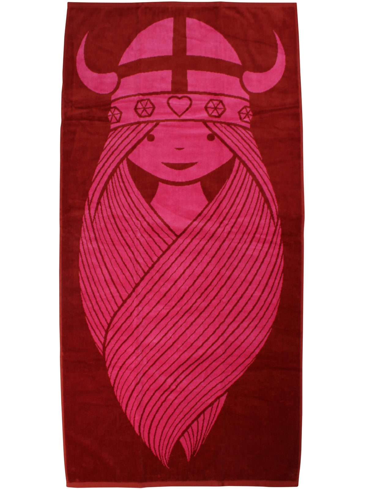 Lækkert badehåndklæde i rød og pink med print af vikingen Freja