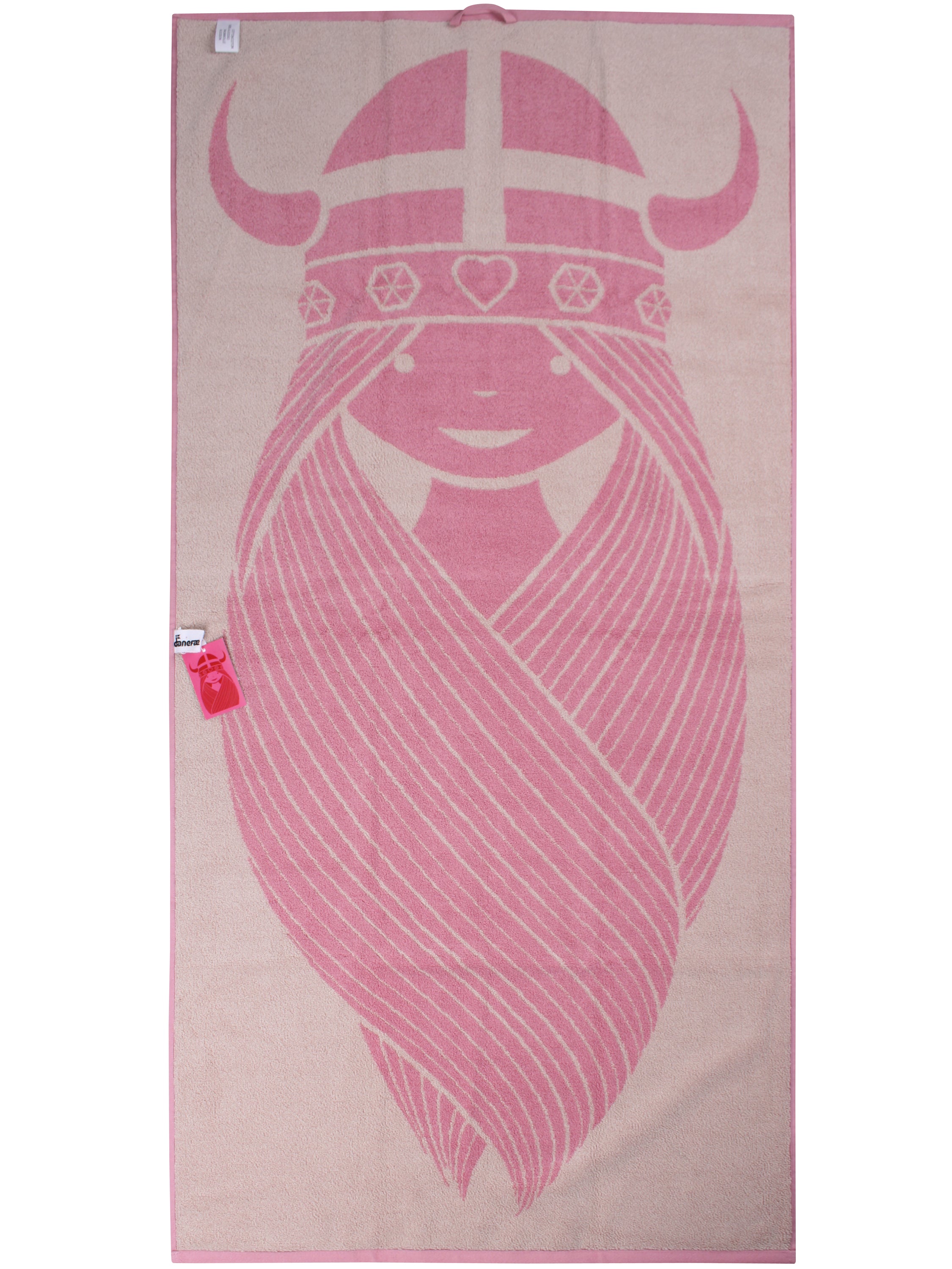 Lækkert badehåndklæde i lyserød og beige med print af vikingen Freja