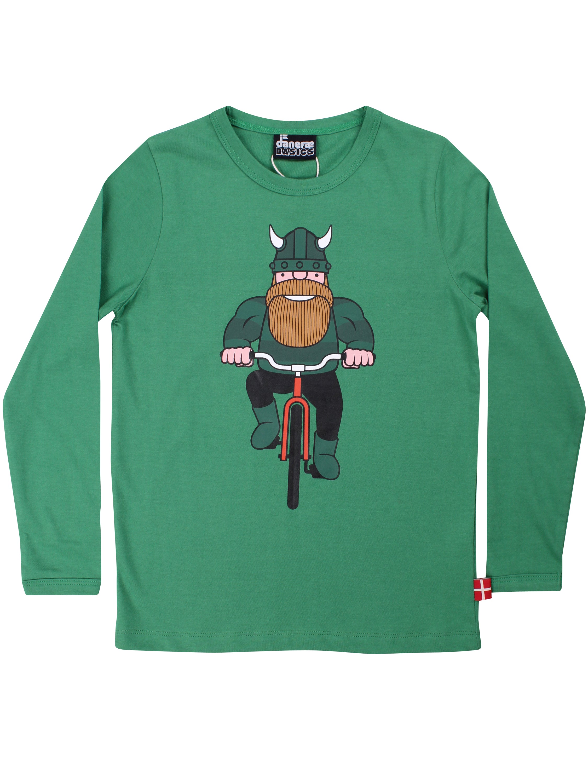 Langærmet grøn bluse til børn i bomuld med print af viking på cykel