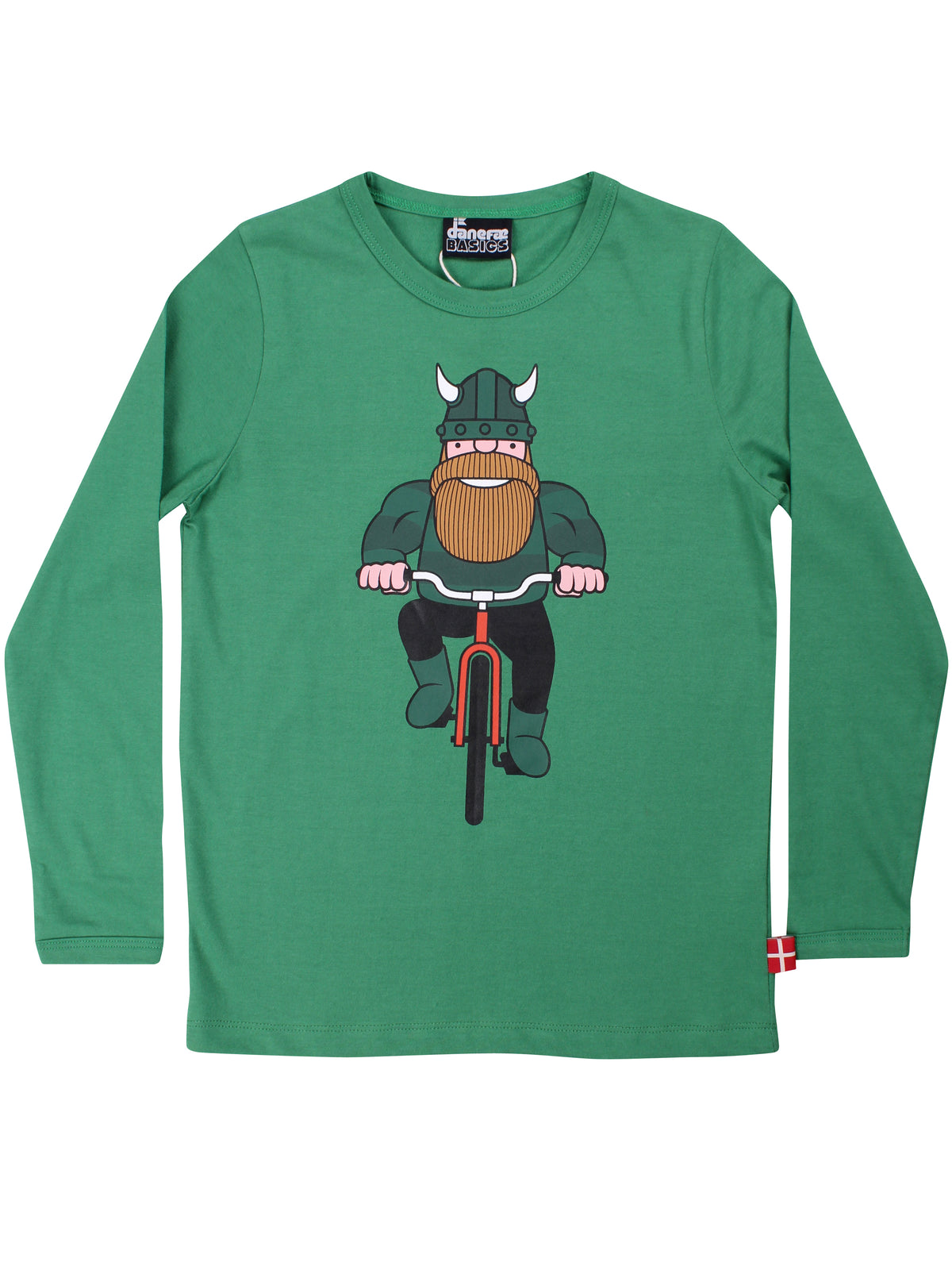 Langærmet grøn bluse til børn i bomuld med print af viking på cykel