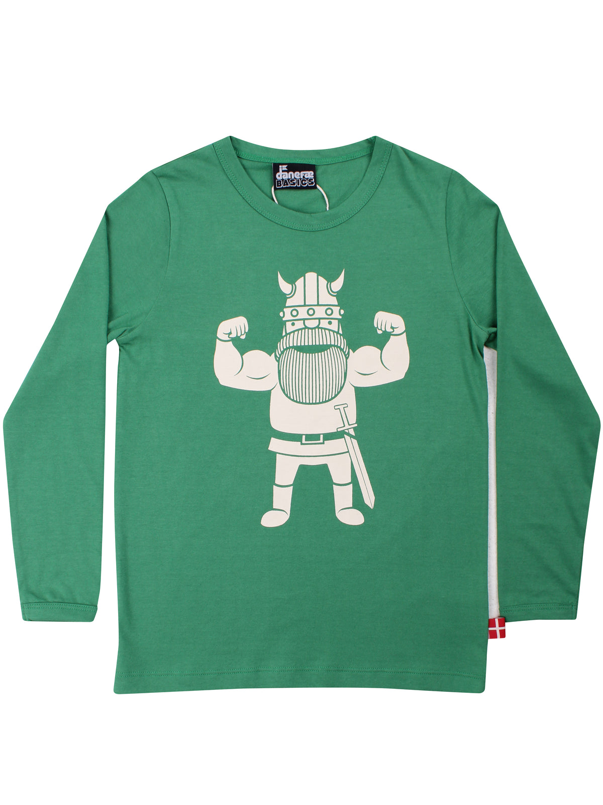 Langærmet grøn bluse til børn i bomuld med print af stærk viking